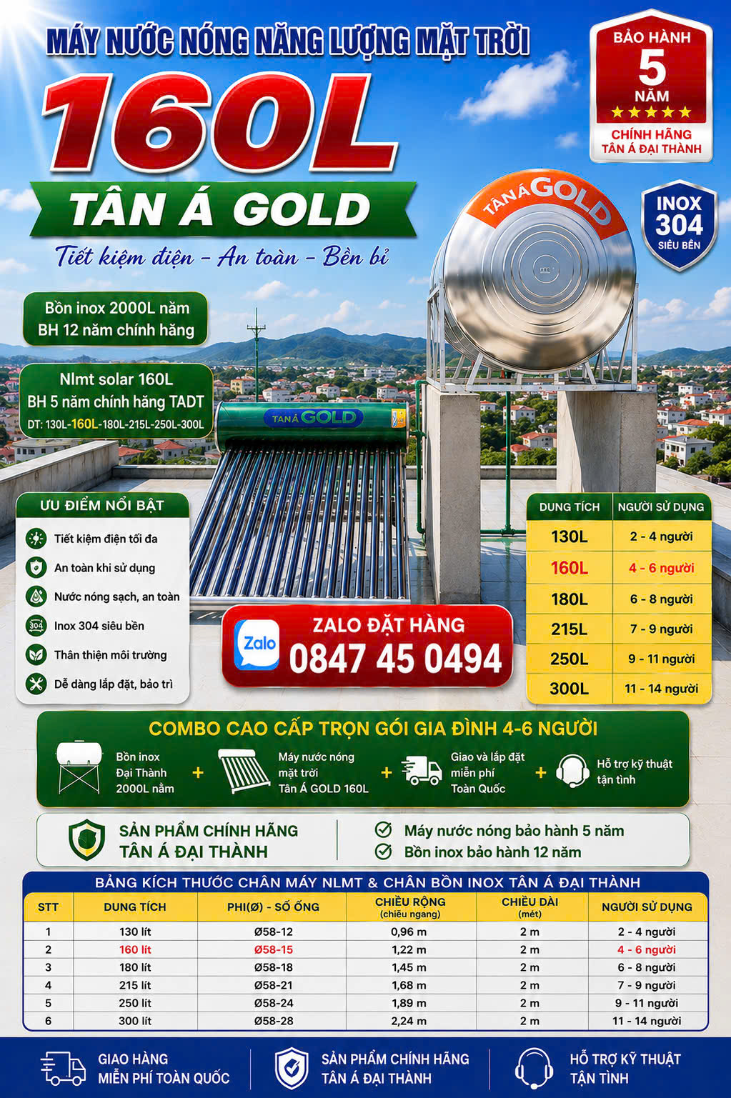 Bình nước nóng mặt trời miền trung 160 lít Tân Á 140l 160L 180L bán mạnh miền trung miền bắc Nlmt miền bắc nlmt miền trung giao lắp miễn phí