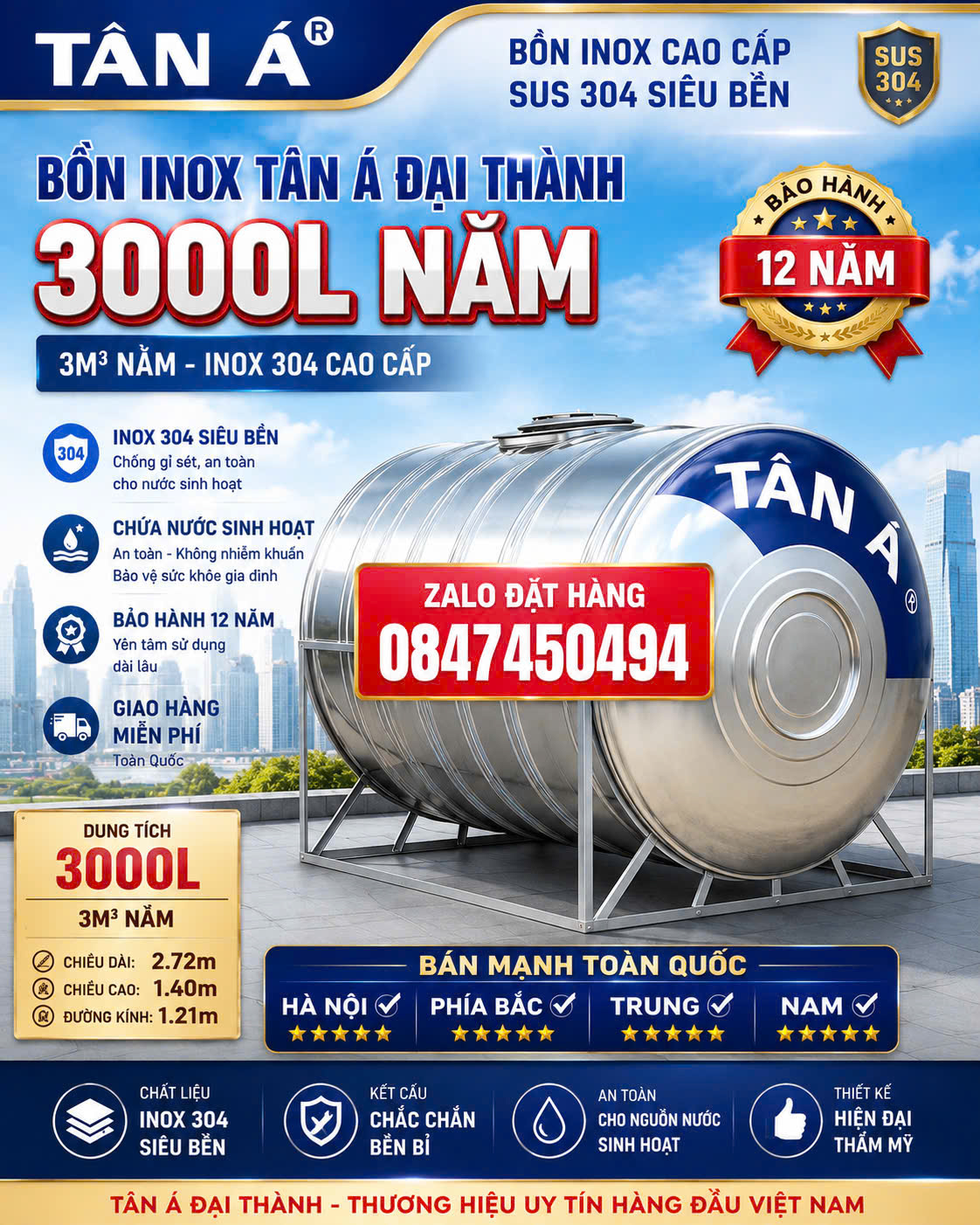 Tét inox 3000 lít ngang Tân á đại thành Téc 3m3 nằm tân á inox 304 Bình inox 3 khối nằm ngang tân á đại thành