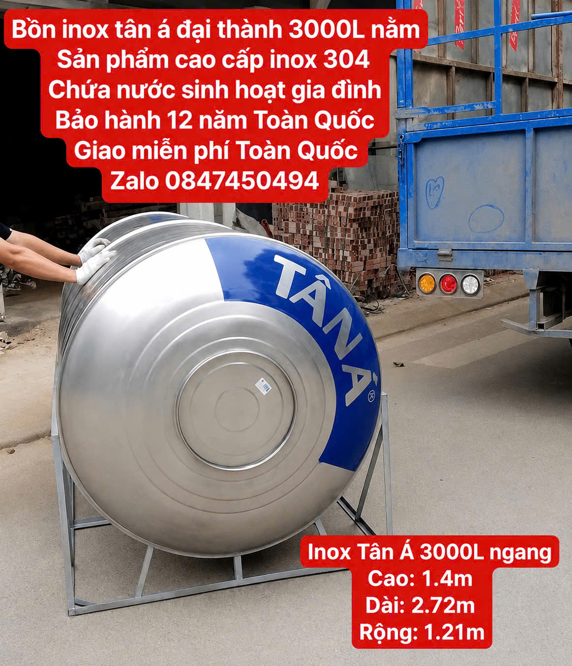 Téc inox 3 khối nằm tân á miền bắc- Tét nước 3000 lít nằm tân á cao cấp bh 12 năm