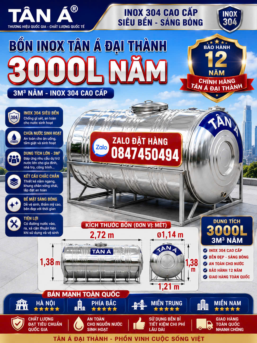 BỒN INOX TÂN Á 3000L NẰM – 3M³ NẰM Tét inox 3000 lít ngang Tân á đại thành Téc 3m3 nằm tân á inox 304 Bình inox 3 khối nằm ngang tân á đại thành
