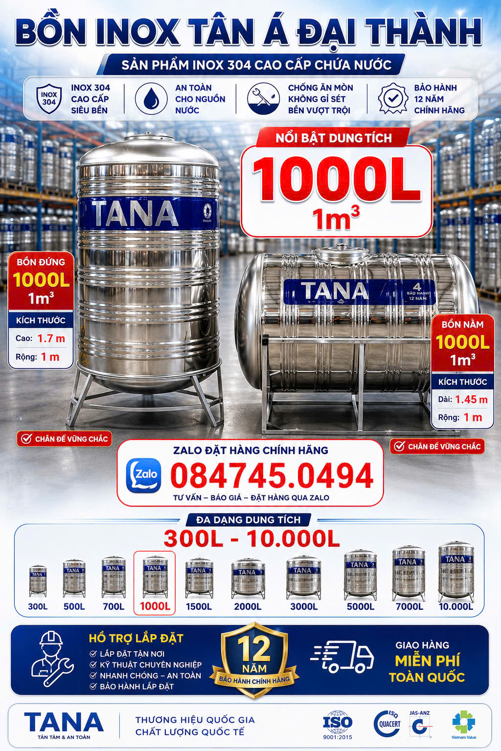 Bình inox Tân á 1000L 1000 lít 1m3 1 khối đứng và nằm- Tét inox 304 1000 lít Tân á Sus 304 chính hãng Bảo hành 12 năm Thùng inox 1 khối đứng nằm tân á đại thành giao miễn phí Toàn Quốc