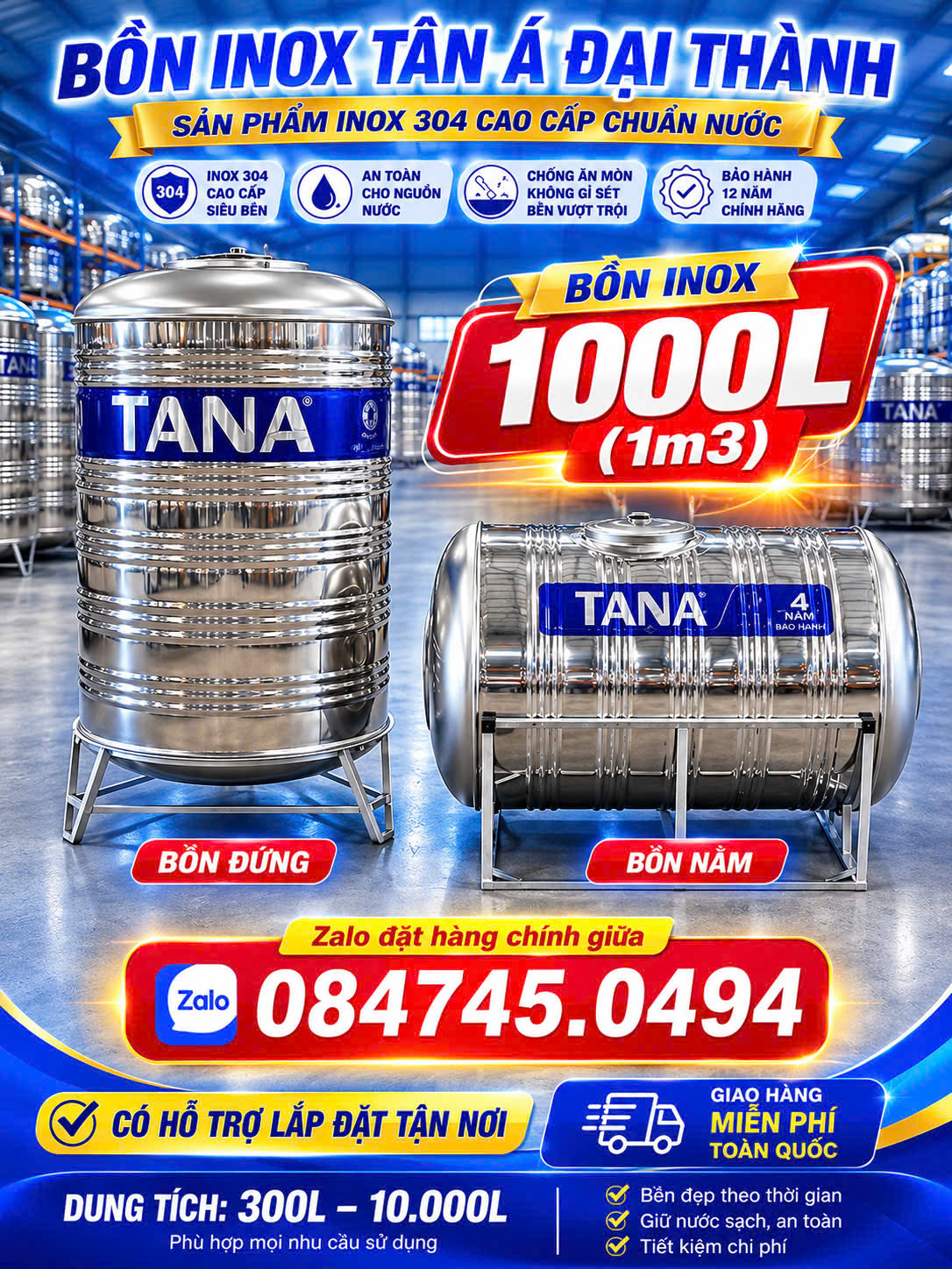 Tét inox 304 1000 lít Tân á Sus 304 chính hãng Bảo hành 12 năm Thùng inox 1 khối đứng nằm tân á đại thành giao miễn phí Toàn Quốc