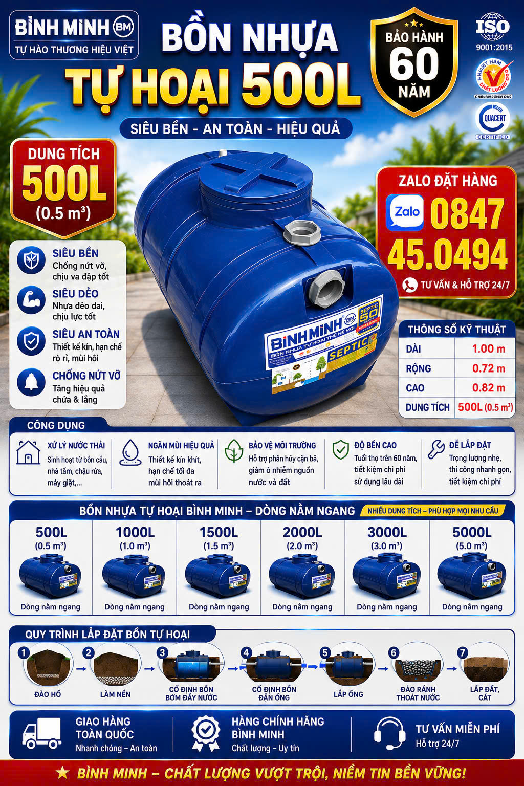 BỒN NHỰA TỰ HOẠI BÌNH MINH 500L NẰM NGANG - Bể phốt nhỏ 500 lít nằm-Hầm phân bé 500L nằm bình minh Tự hoại nằm 500l 1000L 1500L 2000L 3000L 4000L 5000L