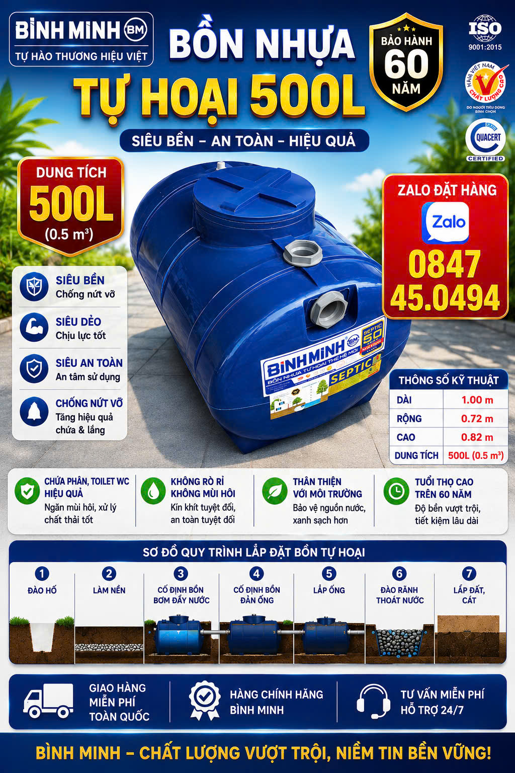 Bể phốt nhỏ 500 lít nằm-Hầm phân bé 500L nằm bình minh Tự hoại nằm 500l giao miễn phí Toàn Quốc