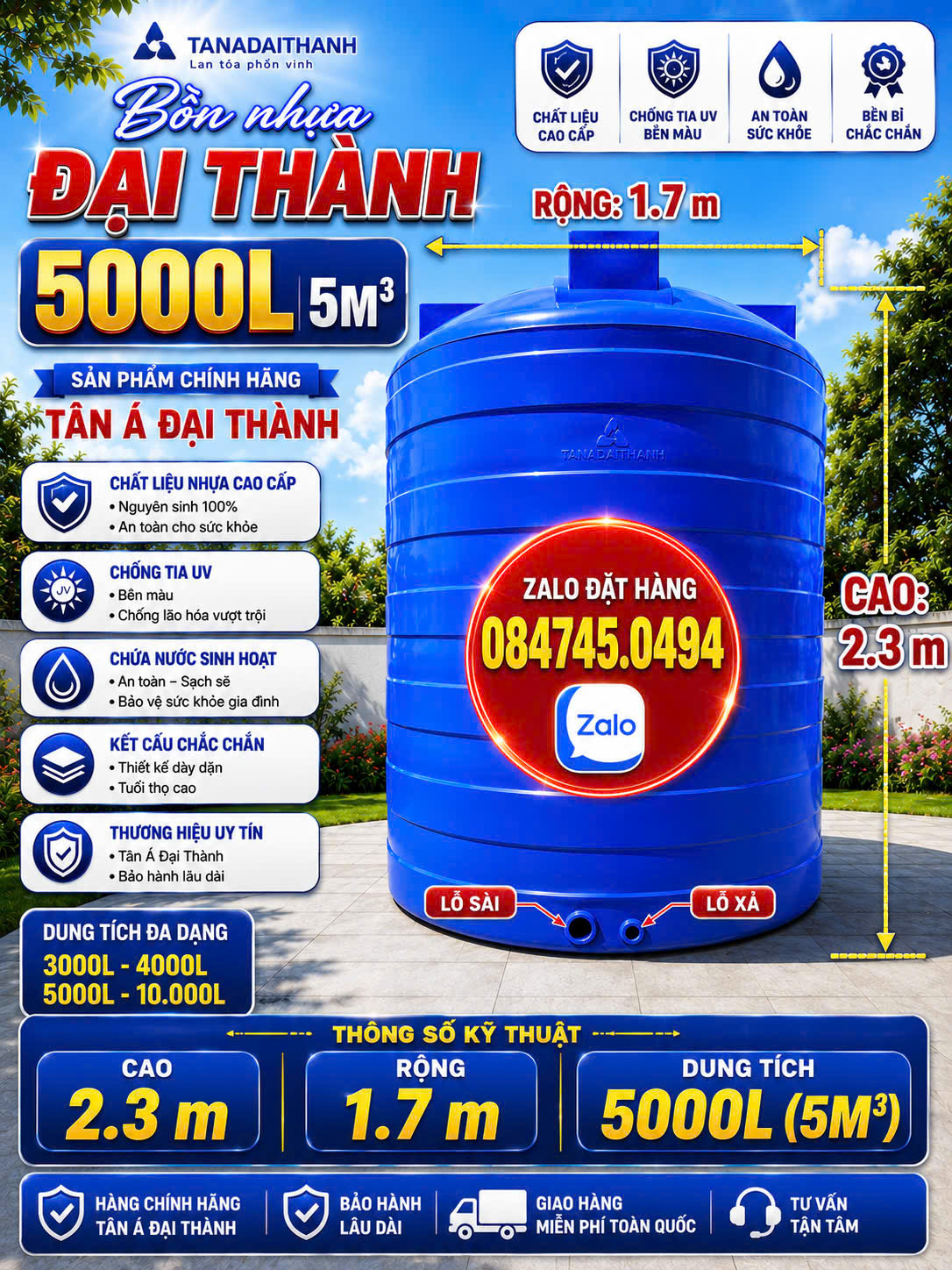 Bình nhựa 5000 lít đứng Tân á đại thành Bồn nhựa 5000L đứng đại thành Tét nhựa 5 khối Tân Á Đại Thành Téc nhựa 5m3 khối Tân Á Đại thành Tét nước 5000l Tân á đại thanh giao miễn phí