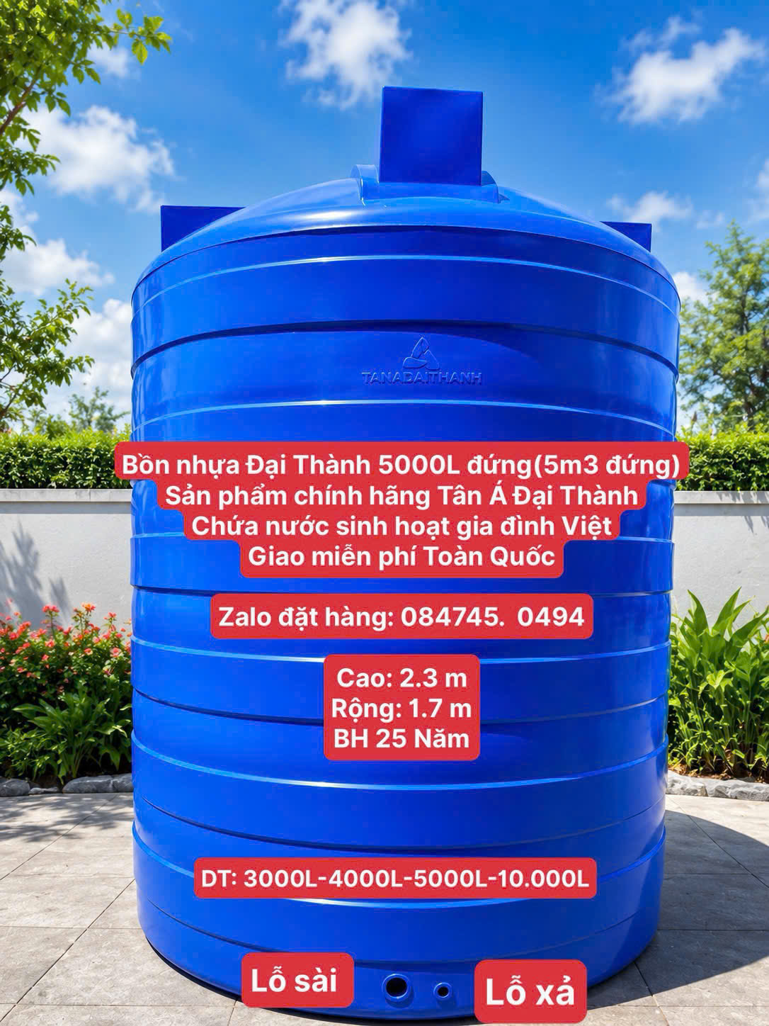 Tét nhựa 5 khối Tân Á Đại Thành Téc nhựa 5m3 khối Tân Á Đại thành Tét nước 5000l Tân á đại thanh giao miễn phí