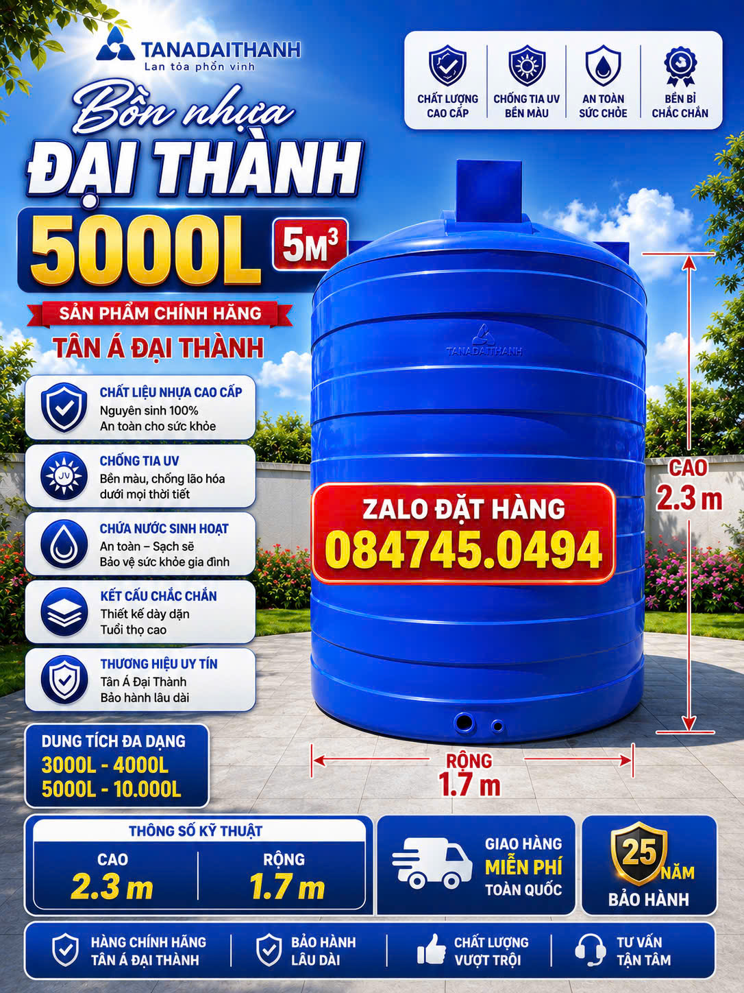 Bồn nhựa 5000L đứng đại thành Tét nhựa 5 khối Tân Á Đại Thành Téc nhựa 5m3 khối Tân Á Đại thành Tét nước 5000l Tân á đại thanh giao miễn phí