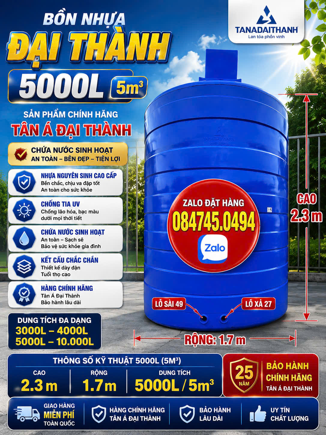 Thùng nhựa 5 khối - phi nhựa 5.000L đứng tấn á đại thành chính hãng giao miễn phí
