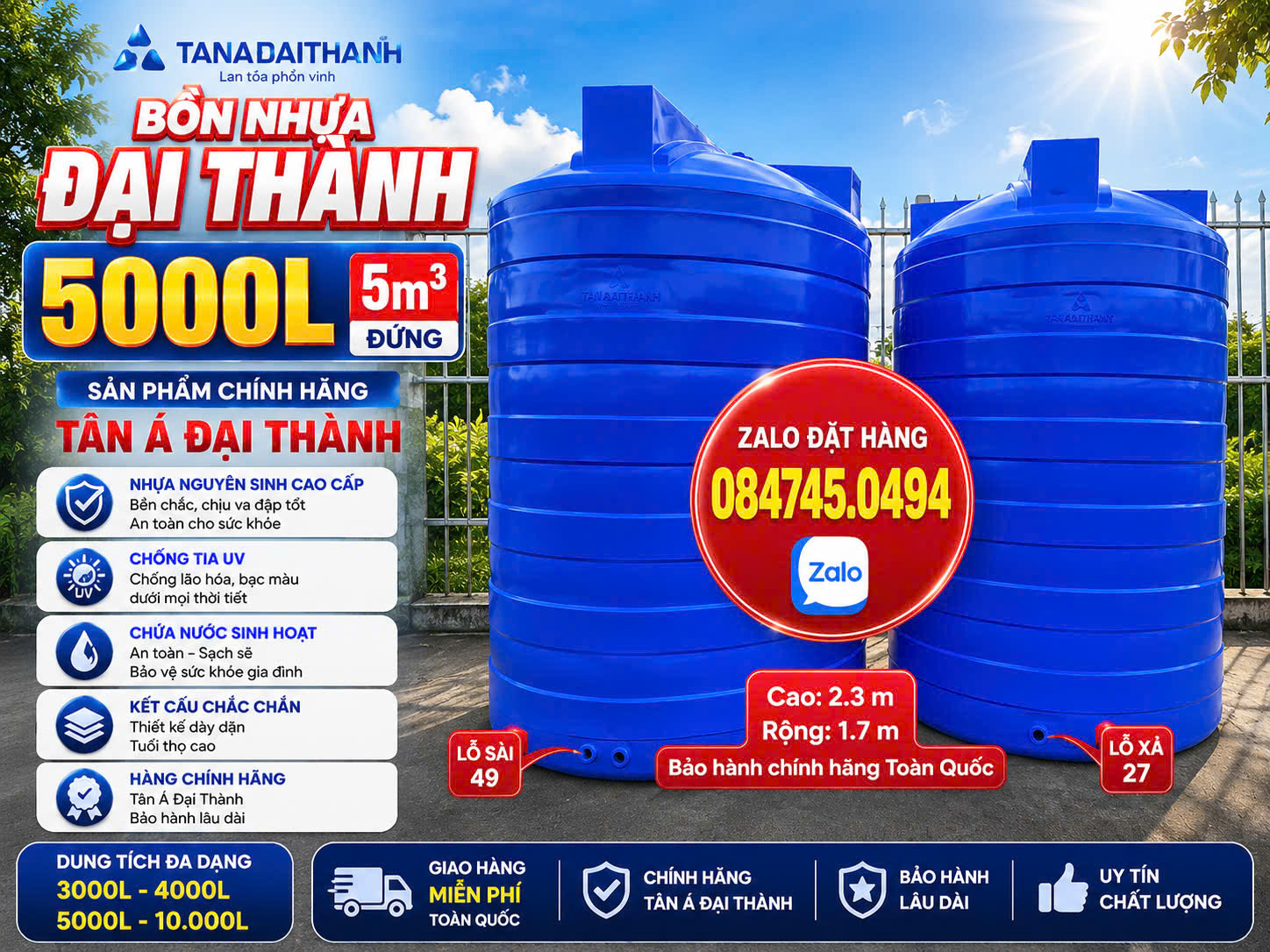 Téc nhựa 5m3 khối Đại thành-Bồn nhựa 5000L đứng đại thành Tét nước 5000l Tân á đại thanh giao miễn phí