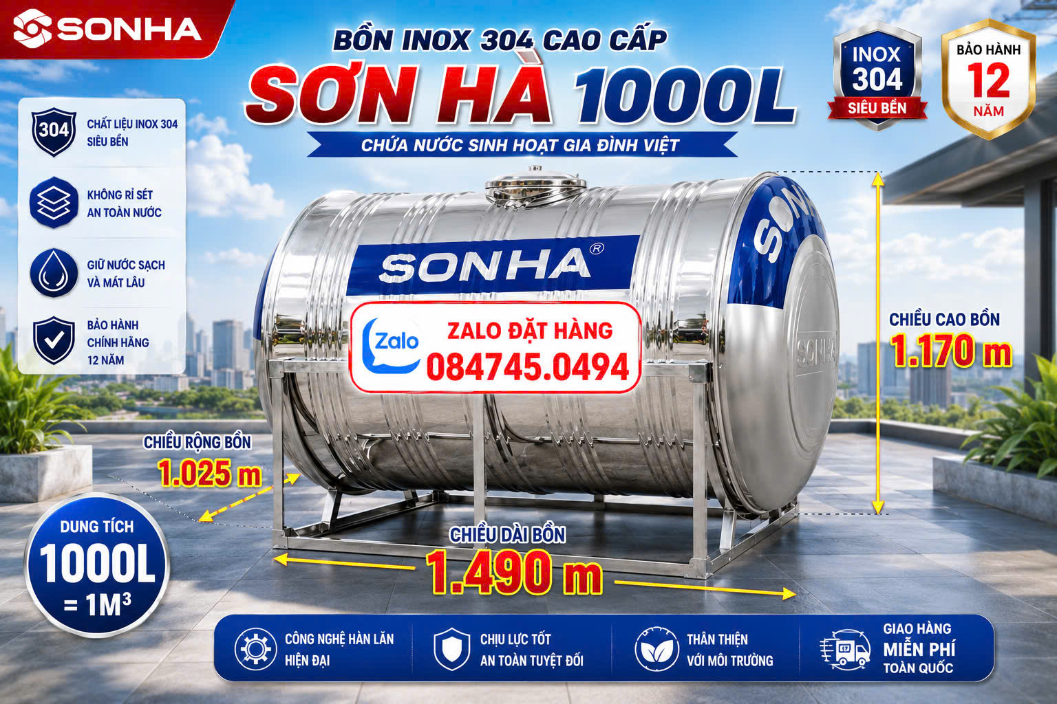 Bình inox 500L sơn hà đứng và nằm- Bồn inox sơn hà 500 lít đứng và ngang Bh 12 năm giao miễn phí Toàn Quốc