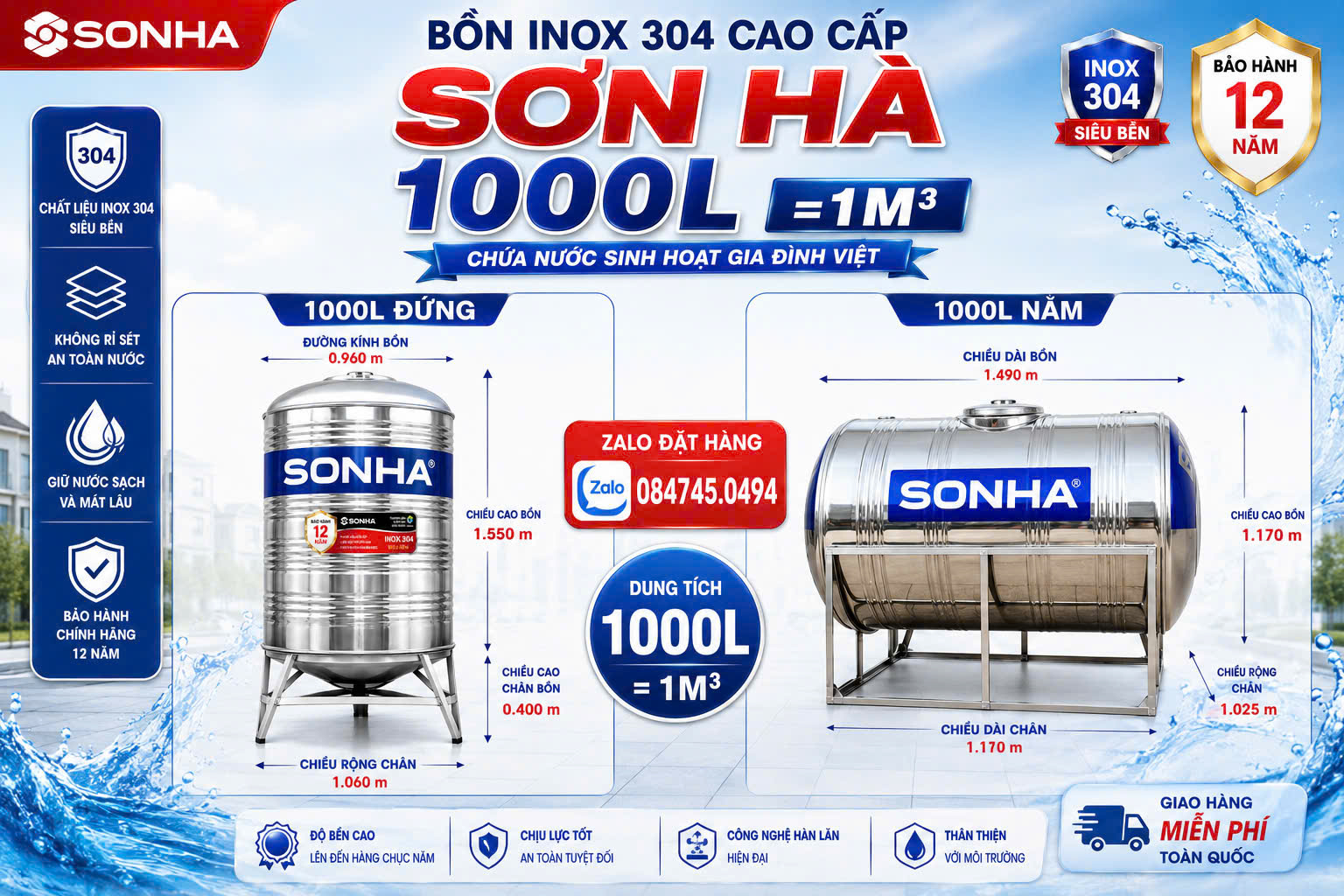Bồn nước Sơn Hà 1000l- Tét inox 304 1000 lít Sơn Hà đứng cao cấp- Bình inox Sơn Hà 1 khối đứng giao miễn phí Toàn Quốc