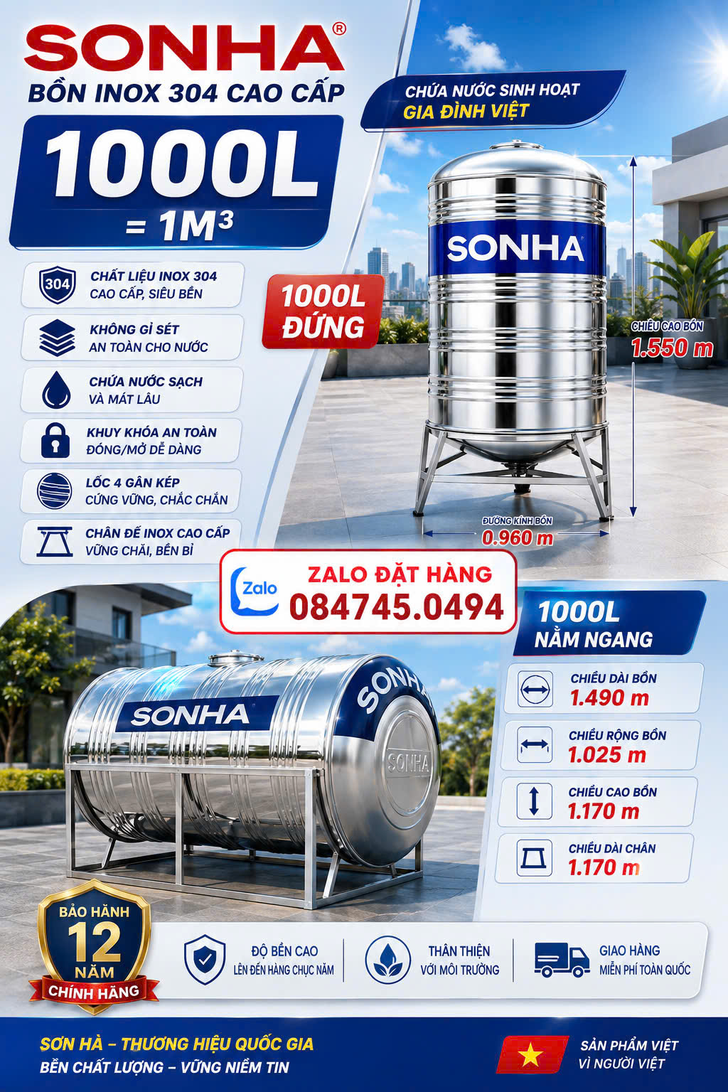 Bình inox 1000L sơn hà đứng và nằm- Bồn inox sơn hà 1000 lít đứng và ngang Bh 12 năm giao miễn phí Toàn Quốc