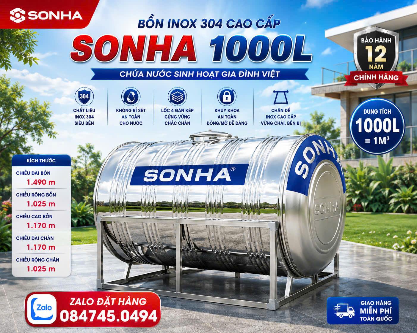 Bình inox 1000L sơn hà đứng và nằm- Bồn inox sơn hà 1000 lít đứng và ngang Bh 12 năm giao miễn phí Toàn Quốc