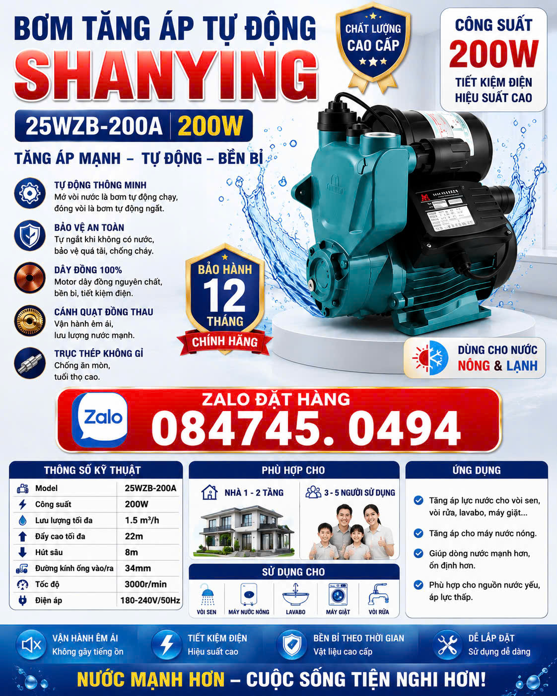 Bơm tắng áp nóng lạnh nanoco 200w - Máy bơm tăng áp nước nóng mặt trời 200w nanoco cho nhà 2-3 tầng