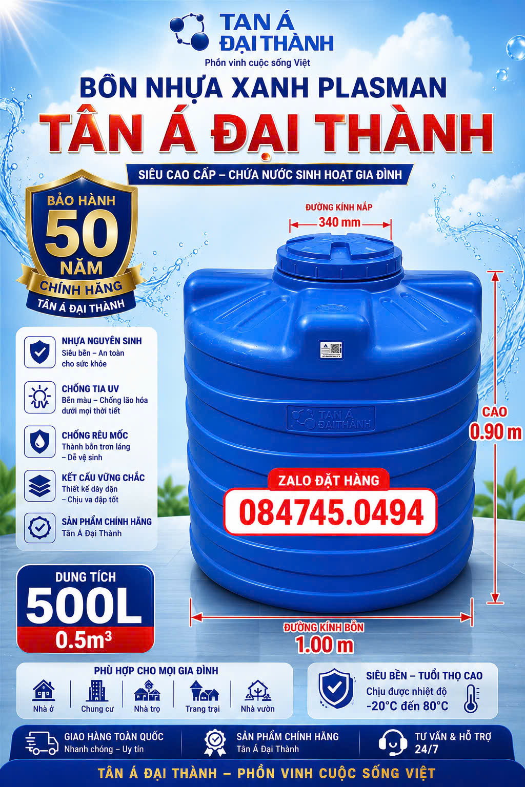 Bồn nhựa xanh 500 lít plasman đứng và nằm Tét nhựa tốt nhất 500l tan a đại thành Bình nhựa tốt nhất mua ở đâu? Téc nước nhựa bền nhất giá như thế nào? Bồn nhựa nào tốt nhất hiện nay?