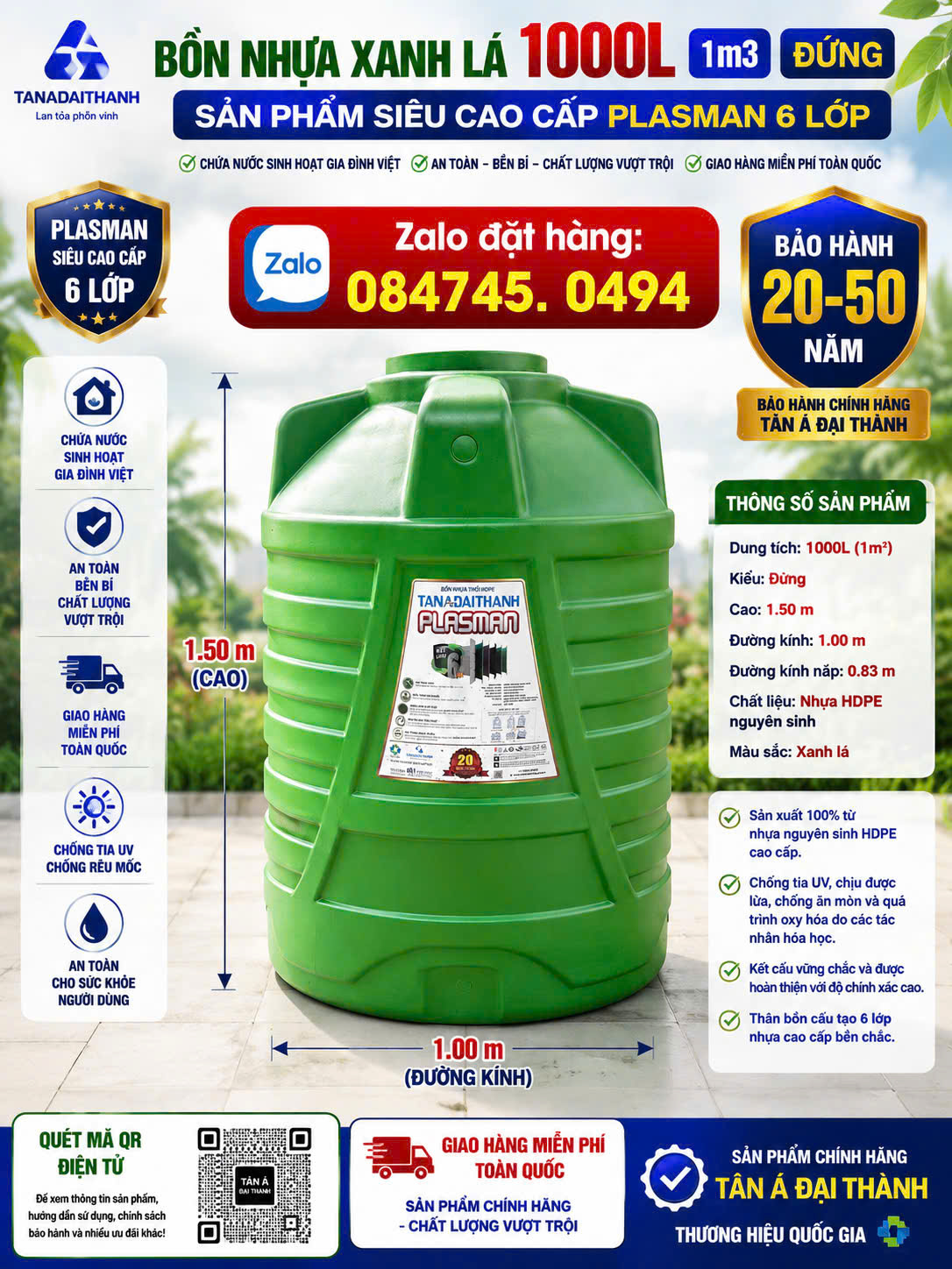 Téc nhựa 1000 lít 1500 lít 2000 lít(Tét nước 1000L) xanh lá siêu bền 6 lớp dày plasman bh 20 năm chứa nước giao miễn phí Toàn Quốc