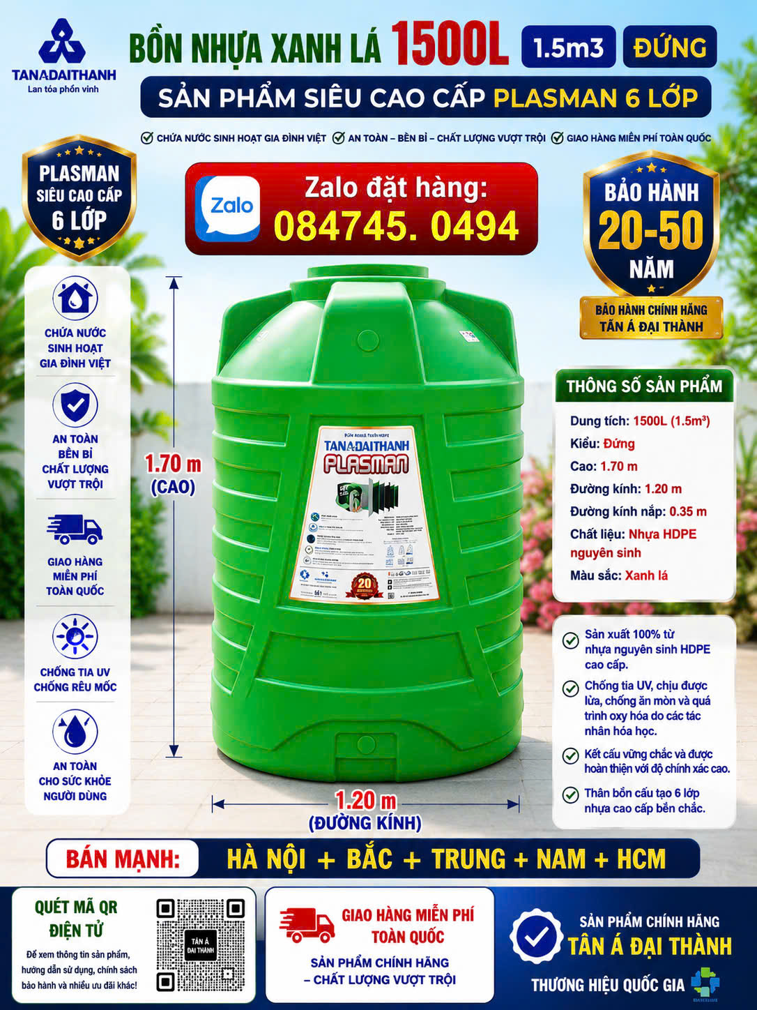 Téc nhựa 1500 lít 2000 lít(Tét nước 1500L) xanh lá siêu bền 6 lớp dày plasman bh 20 năm chứa nước giao miễn phí Toàn Quốc