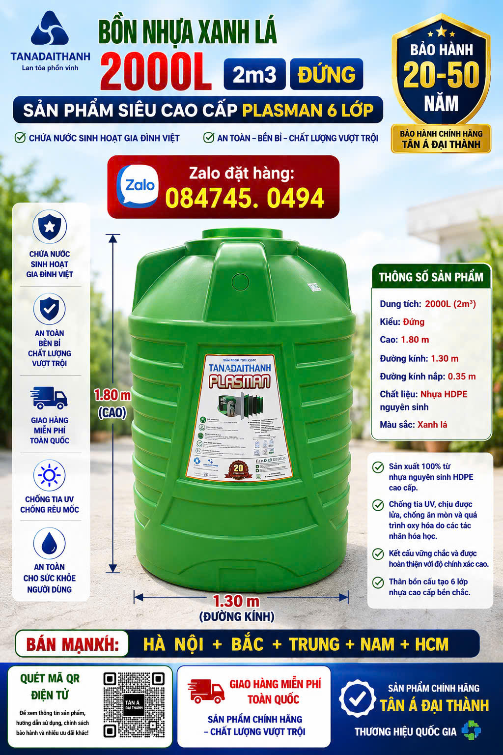 Téc nhựa 2000 lít(Tét nước 2000L) xanh lá siêu bền 6 lớp dày plasman bh 20 năm chứa nước giao miễn phí Toàn Quốc