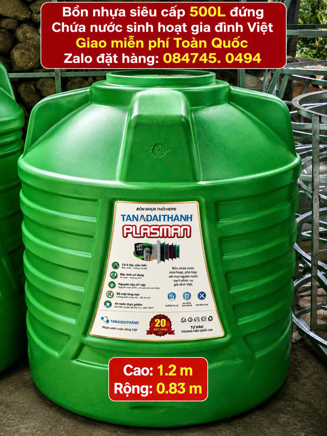 Bồn nhựa 500l 500 lít đứng xanh lá plasman tốt nhất 6 lớp dày dặn siêu bền giao miễn phí