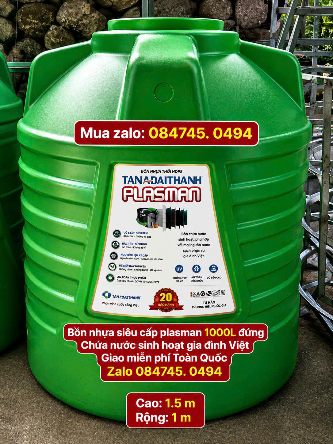 Bình nhựa 1000 lít 1500 lít 2000 lít(Tét nước 1000L) xanh lá siêu bền 6 lớp dày plasman bh 20 năm chứa nước giao miễn phí Toàn Quốc