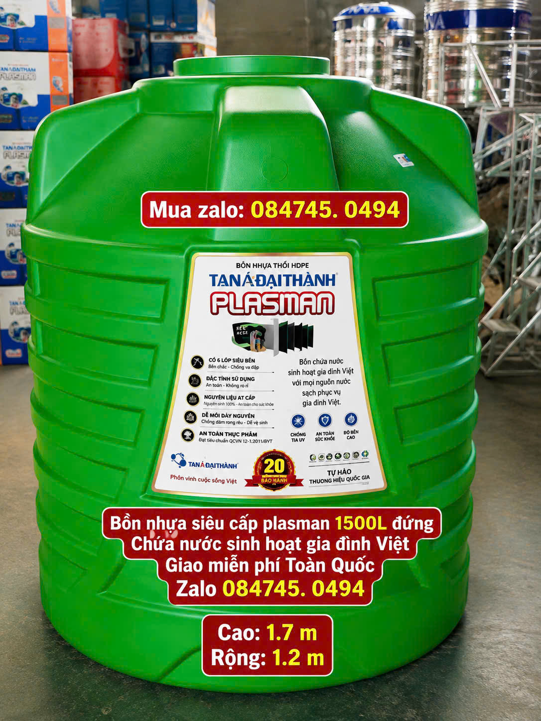 Tét nhựa 1.5 khối đứng xanh lá plasman siêu bền chưa nước sinh hoạt 6 lớp dày dặn giao miễn phí