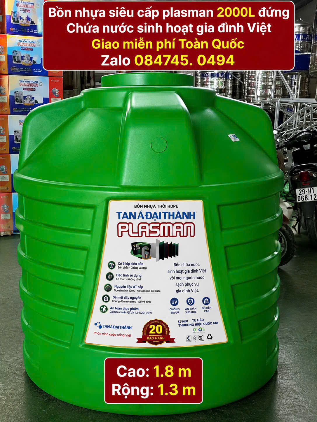 Tét nhựa 2m3 bình nước nhựa 2000l đứng plasman xanh lá 6 lớp cao cấp siêu bền giao miễn phí toàn quốc