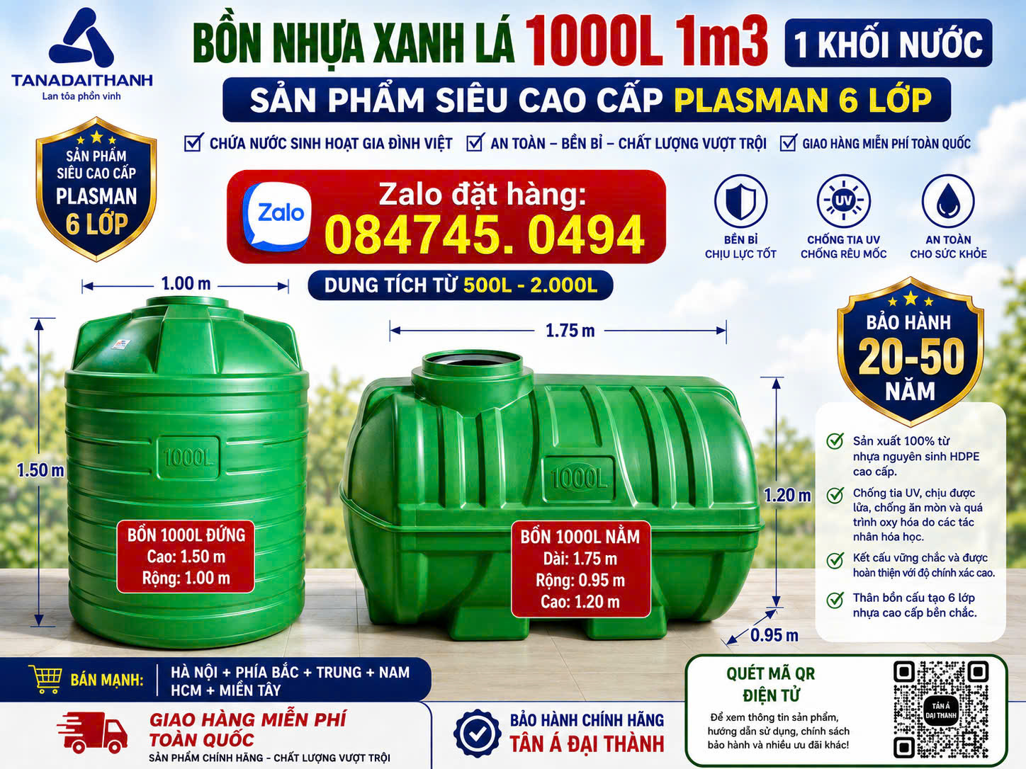 Tét nước 1000L 1 khối 1m3 nhựa xanh lá siêu bền 6 lớp dày plasman bh 20 năm chứa nước giao miễn phí Toàn Quốc