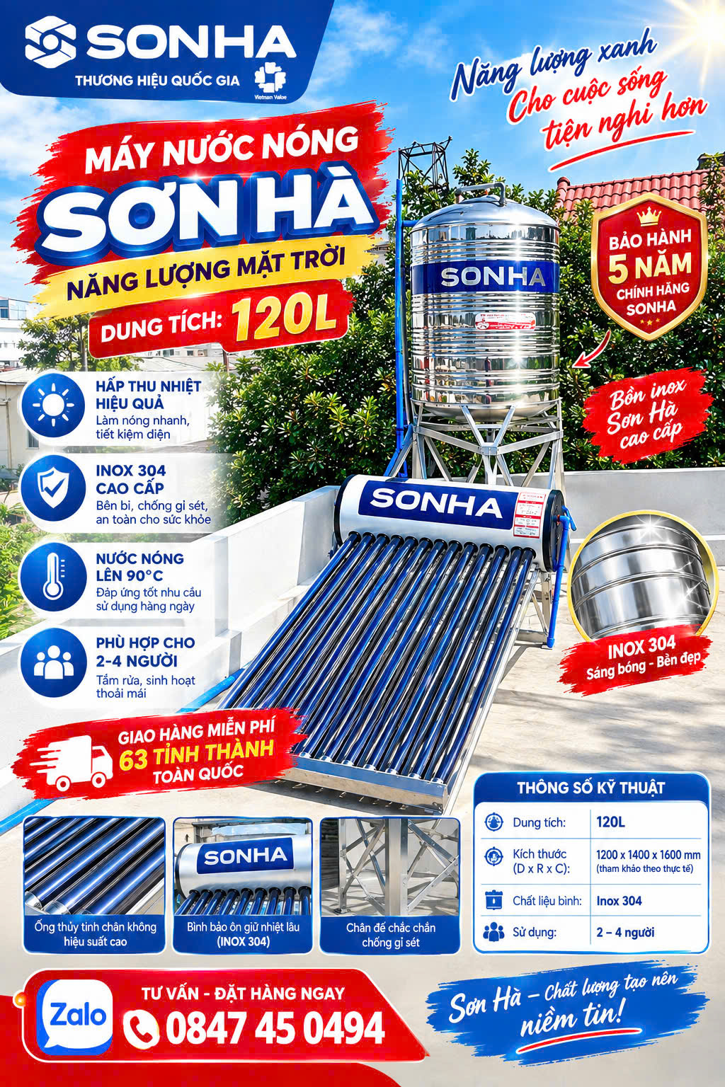 combo trọn gói Sơn Hà bồn inox 1000l và máy nước nóng sơn hà 120l cho gia đình 3-5 người sử dụng giao Toàn Quốc