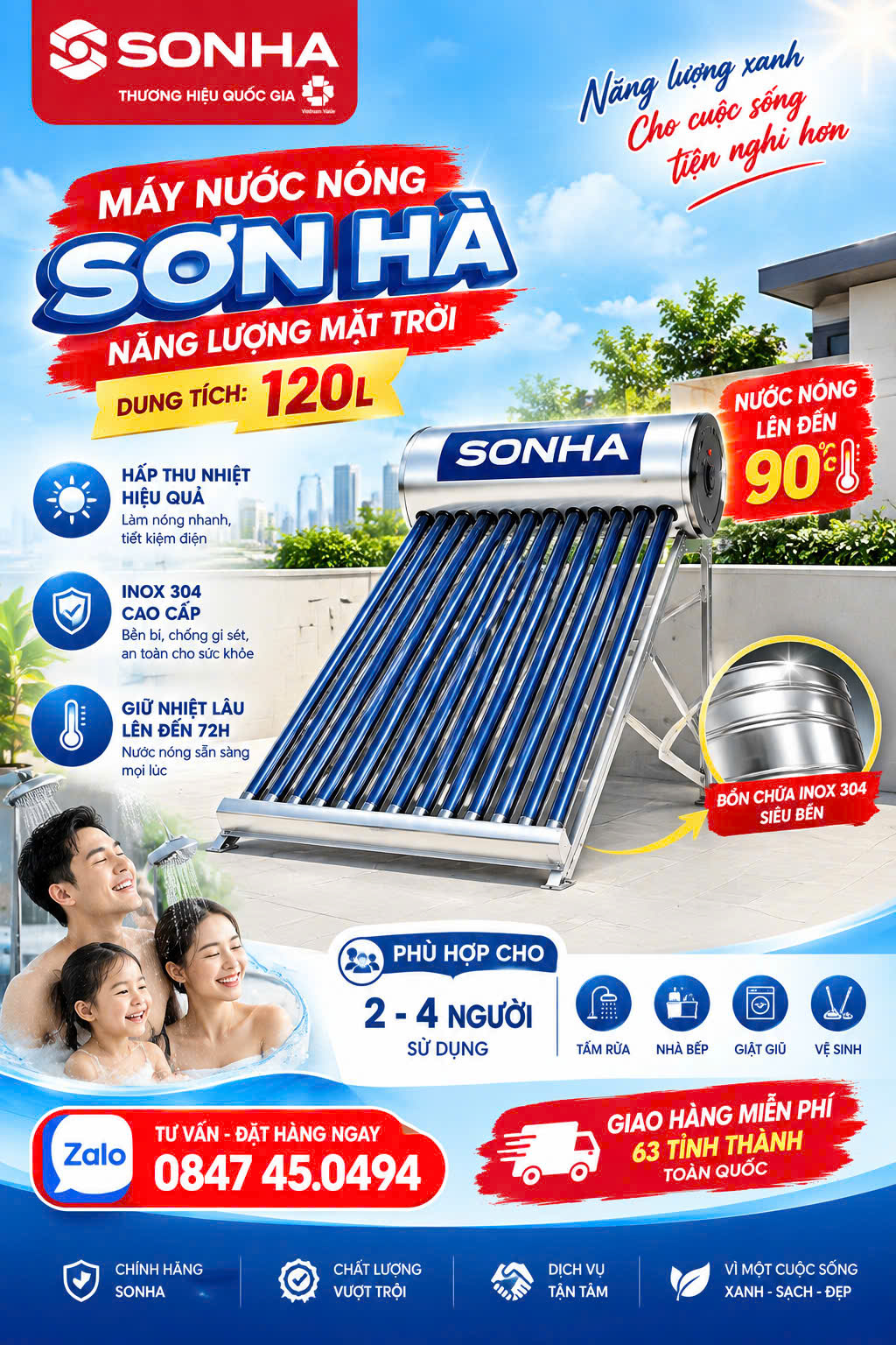 Máy nước nóng Sơn Hà dung tích 120L 120 lít 140 lít 160 lít sơn hà solar chính hãng