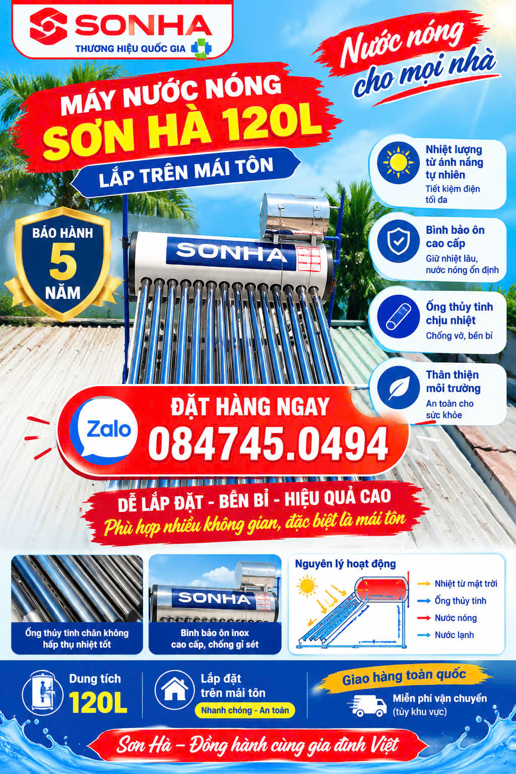 Máy nước nóng Sơn Hà dung tích 120L 120 lít, năng lượng mặt trời, inox 304 cao cấp, lắp đặt nhanh chóng, bảo hành 5 năm, phù hợp cho gia đình 2-4 người.