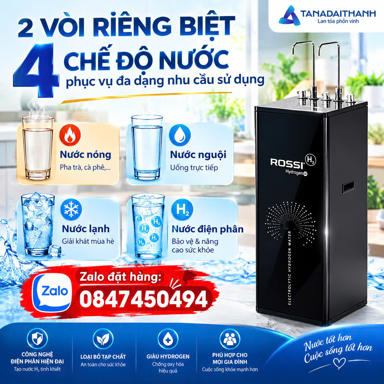 Máy lọc nước nóng lạnh 4 chế độ Rossi Tân Á Đại Thành cao cấp Nóng Lạnh Nguội Điện Phân Rossi HyDrogen giao lắp miễn phí Toàn Quốc