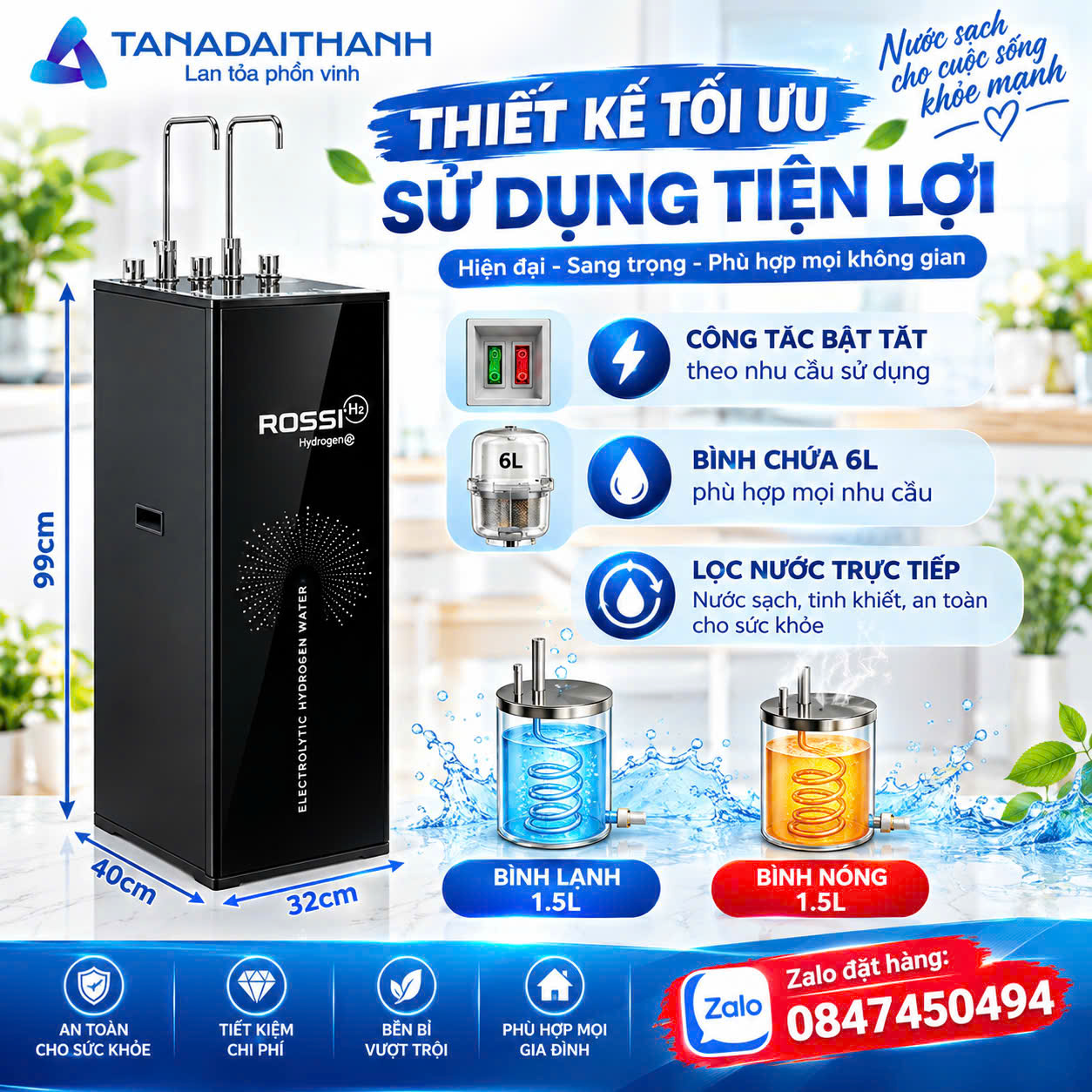 Máy lọc nước nóng lạnh Rossi Tân Á Đại Thành 4 chế độ cao cấp Nóng Lạnh Nguội Điện Phân Rossi HyDrogen giao lắp miễn phí Toàn Quốc
