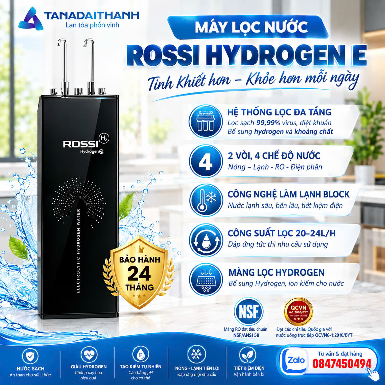 Máy lọc nước nóng lạnh Nóng Lạnh Nguội Điện Phân Rossi HyDrogen Rossi Tân Á Đại Thành 4 chế độ cao cấp giao lắp miễn phí Toàn Quốc