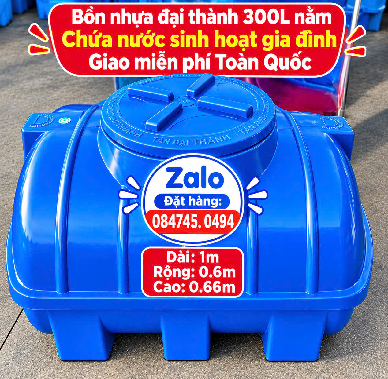 Bình nhựa chứa nước nhỏ gọn 300L ngang Tét nước nhựa 300L nằm ngang Téc 300L ngang Tân Á Đại thành
