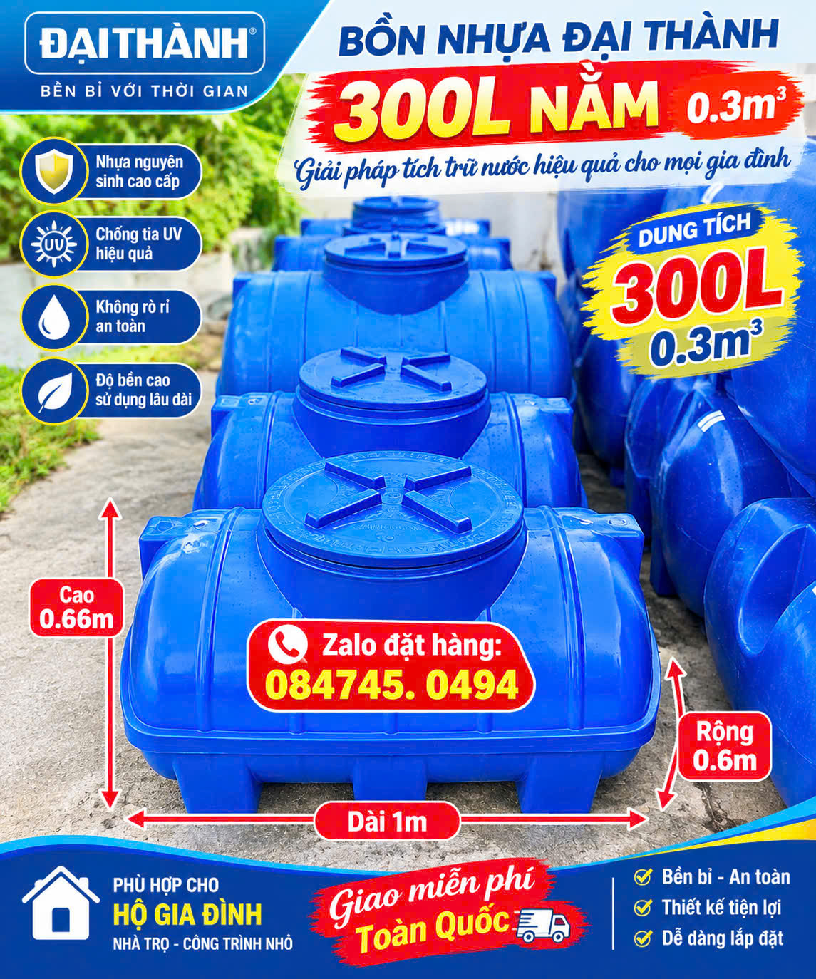 Téc nhựa 300L nằm ngang Thùng nhựa nhỏ nhất 0,3 khối nằm Bình nhựa chứa nước nhỏ gọn 300L ngang Tét nước nhựa 300L nằm ngang Téc 300L ngang Tân Á Đại thành