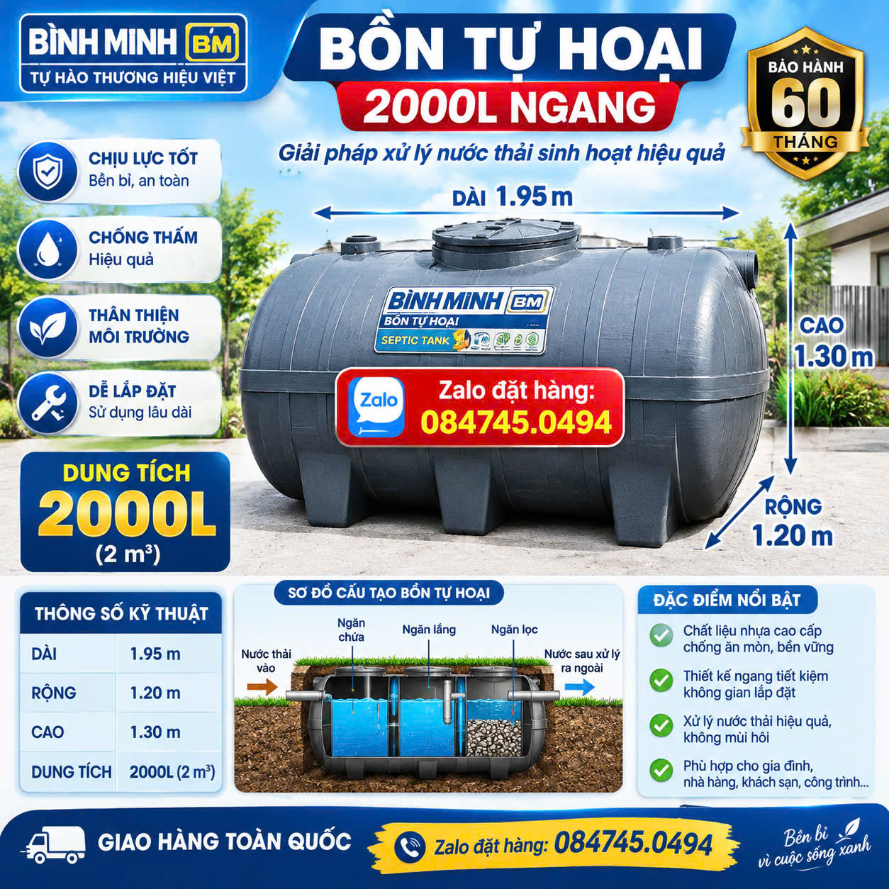 Hầm phân 2000l ngang Bể phốt 2 khối nằm- Tự hoại 2000 lít nằm Bình Minh- Tự hủy 2m3 nằm Bình Minh cao cấp Bồn tự hoại 2 khối nằm ngang Bình Minh Bể phốt chứa phân tolet wc 2000 lít nằm ngang