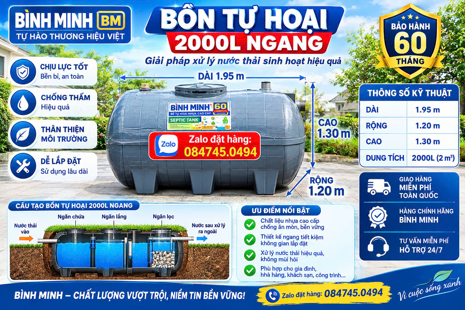 Bồn tự hoại 2 khối nằm ngang Bình Minh Bể phốt chứa phân tolet wc 2000 lít nằm ngang giao miễn phí