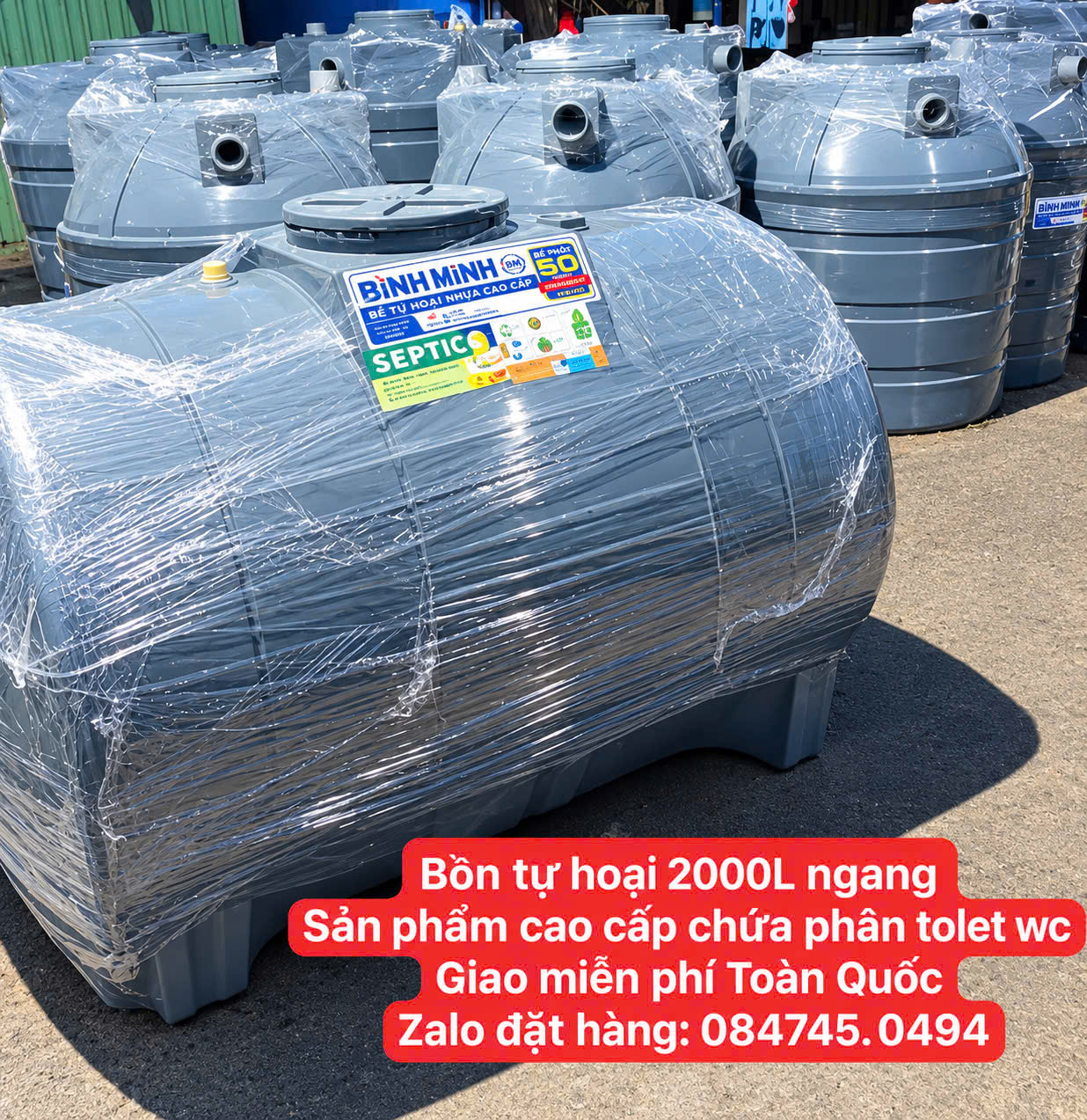 Bể phốt 2 khối nằm- Tự hoại 2000 lít nằm Bình Minh cao cấp Bồn tự hoại 2 khối nằm ngang Bình Minh Bể phốt chứa phân tolet wc 2000 lít nằm ngang