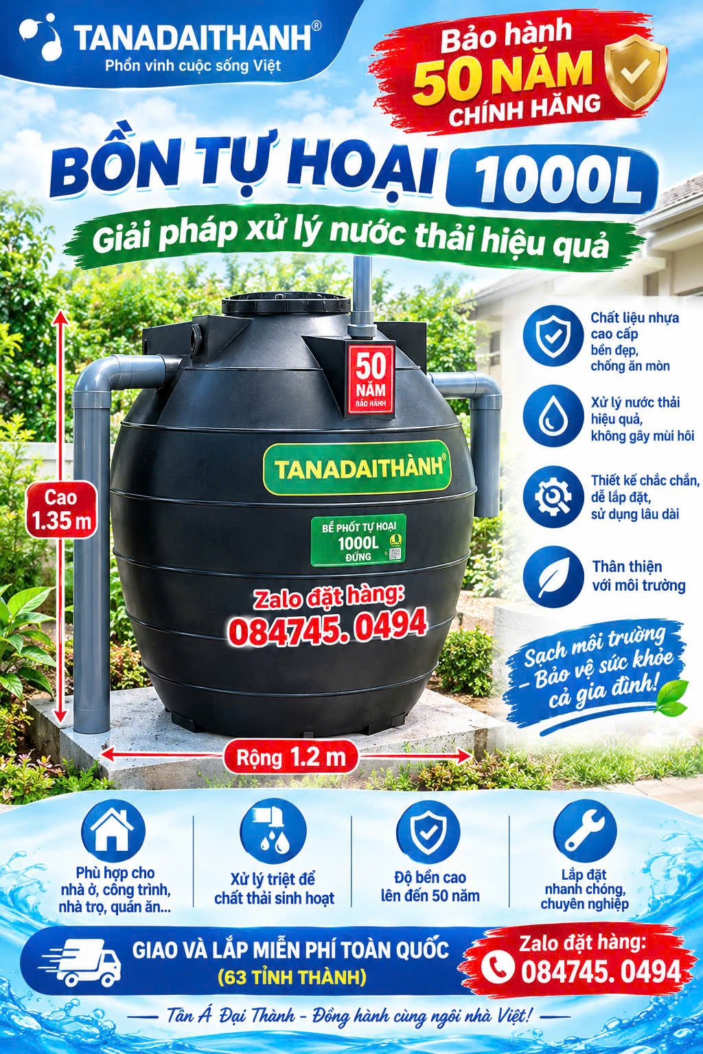 Bồn tự hủy chứa phân tolet bán nổi- Bể phốt tự hoại 1000L đứng Bồn tự hoại giá rẻ 1 khối đứng giao miễn phí