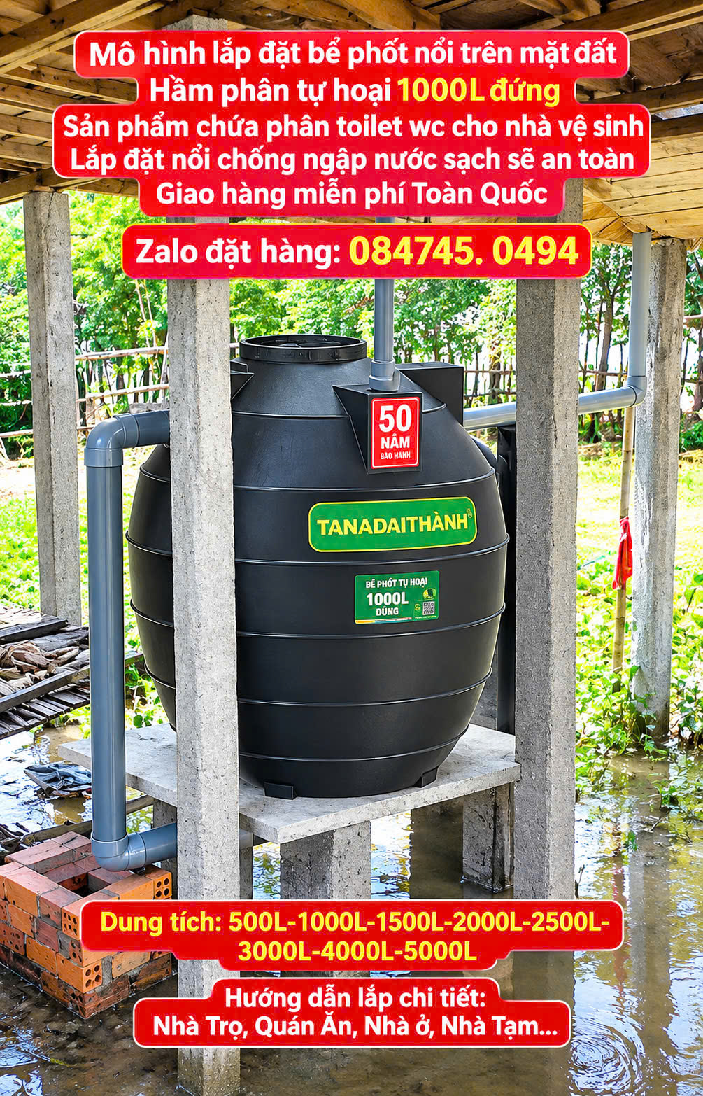 Hầm chứa phân nổi trên mặt đất- Bồn tự hủy chứa phân tolet bán nổi- Bể phốt tự hoại 1000L đứng Bồn tự hoại giá rẻ 1 khối đứng giao miễn phí
