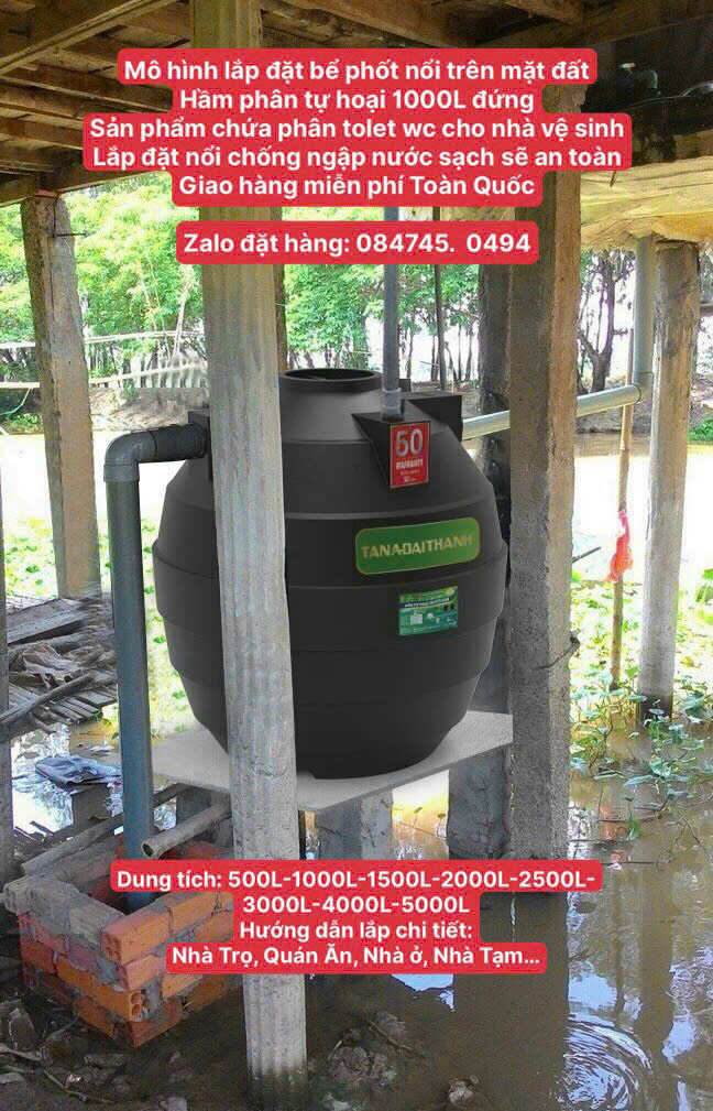 Hầm phân tự hoại lắp bán nổi trên đất hoặc lắp nổi trên bê tông- tự hoại đại thành 1000l 1000 lít 1m3 1 khối tân á đại thành