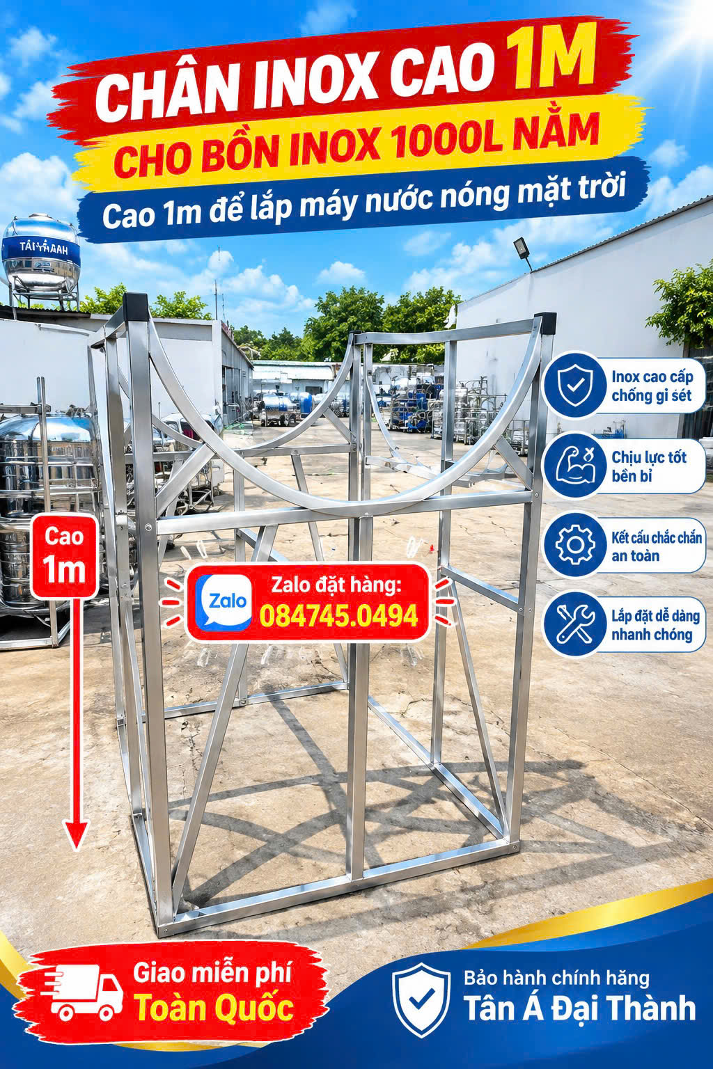 Chân cao bồn nước inox 1000L nằm Cao 1m cho bồn inox để lắp máy nước nóng Chân inox cao cấp Vững chắc cứng cấp Cao 0.5m 1m 1.2m 1.5m 2m 3m… Chân inox + chân sắt V4V5
