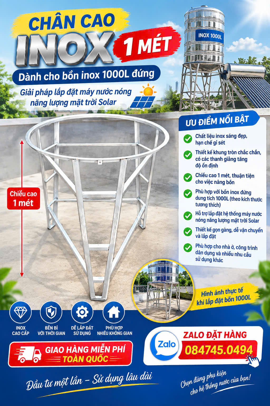 Chân inox cao cấp 1 mét bồn 1 khối 1m3 Đứng Tân Á Đại Thành giao miễn phí Toàn Quốc