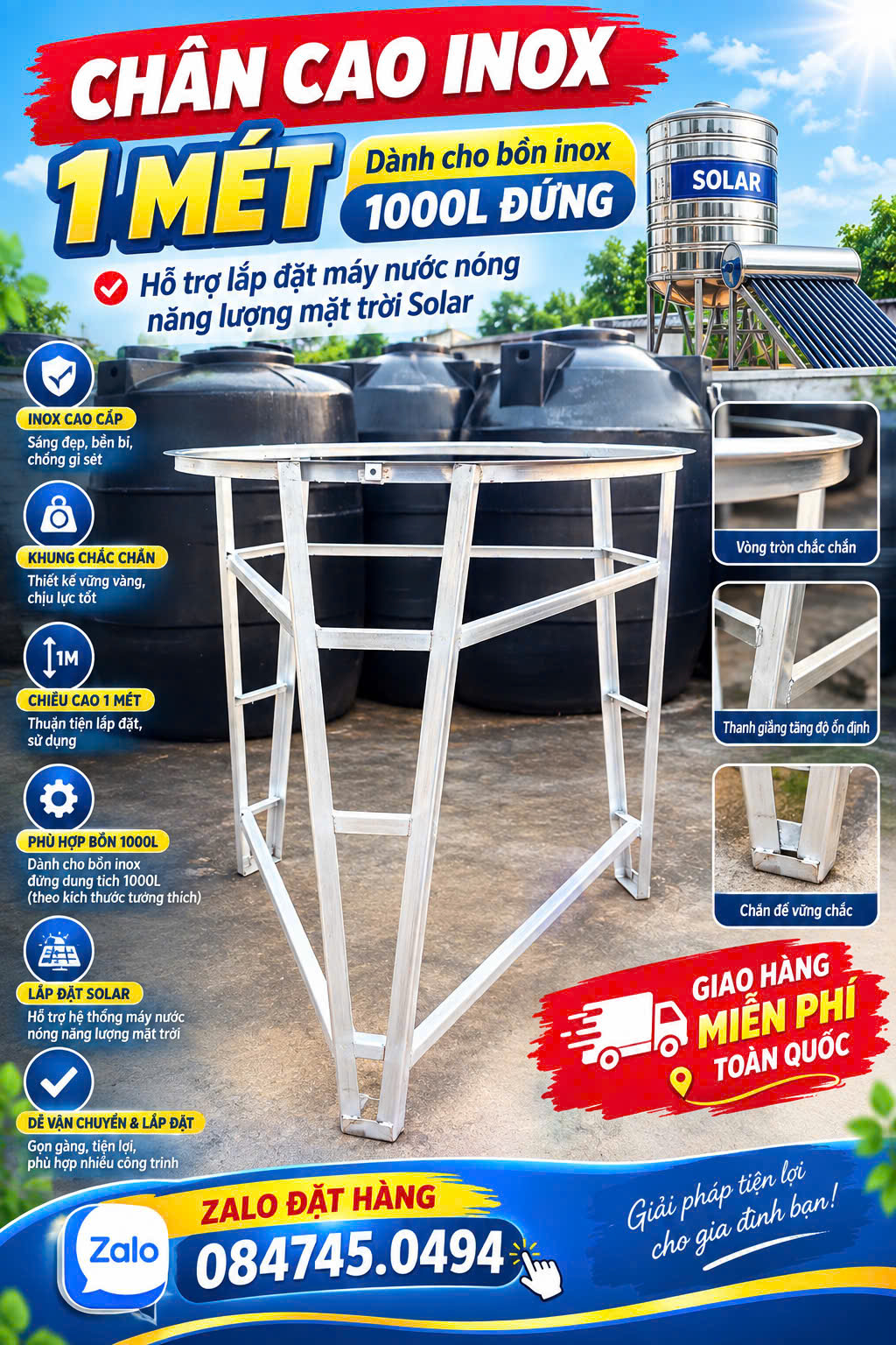 Chân bồn nước inox bồn đứng 1000 lít 1m3 đứng - chân inox cao 1m2 bồn đại thành giao miễn phí