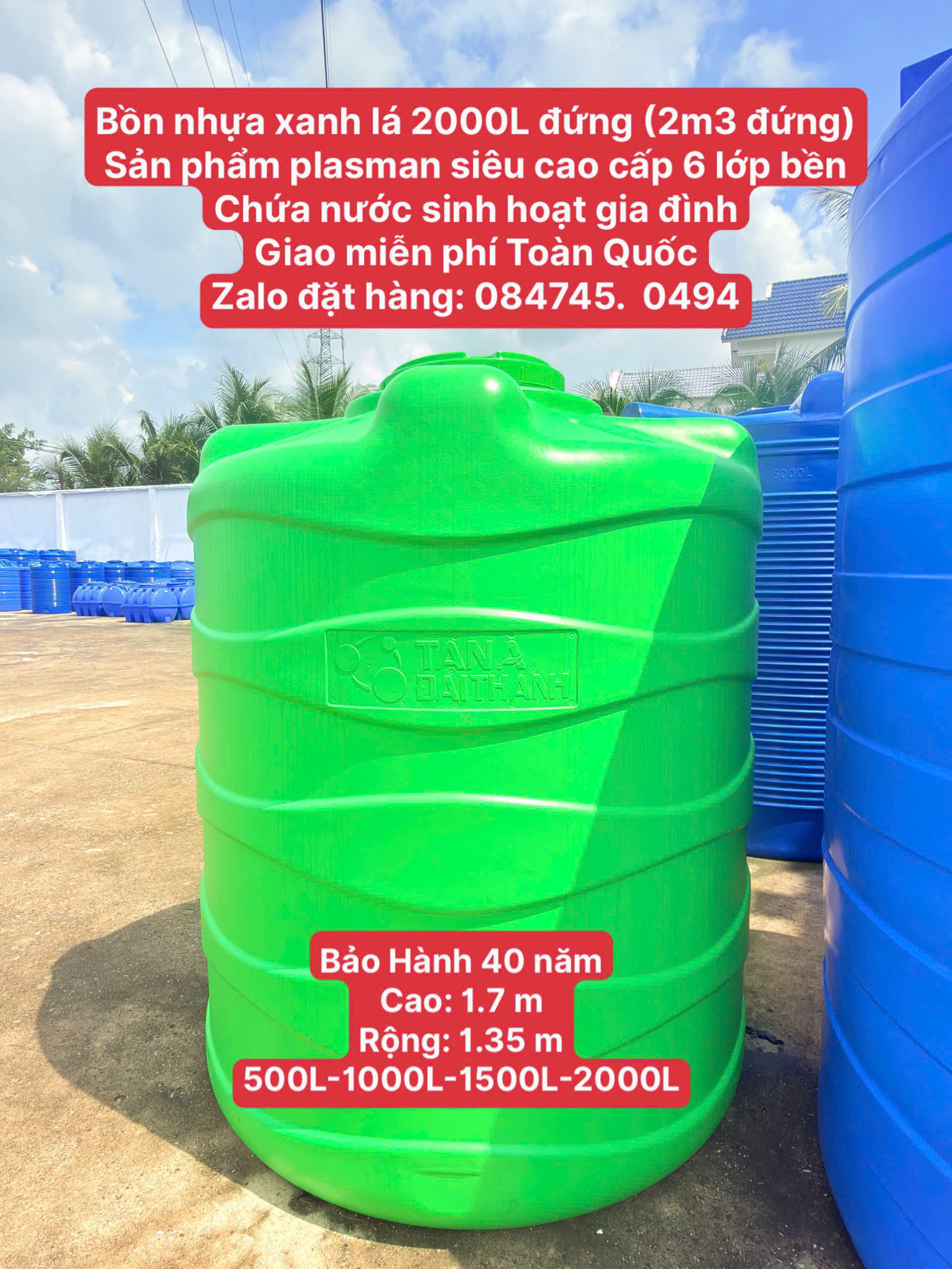 Bình nhựa 2000 lít 2 khối xanh lá plasman 6 lớp siêu bền nhất hiện nay