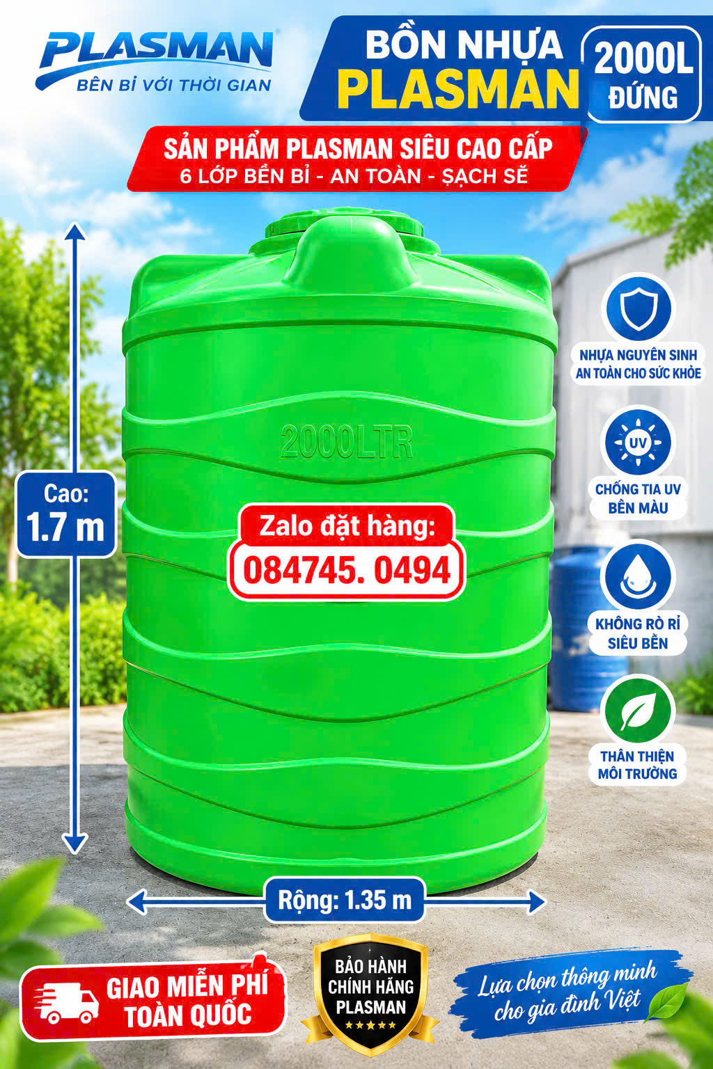 BỒN NHỰA  PLASMAN 2000L ĐỨNG 2 khối nhựa tốt nhất 2000l 2000 lít 2m3 2 khối đứng- tét nhựa tân á đại thành 2 khối xanh lá plasman cao cấp nhất hiện nay