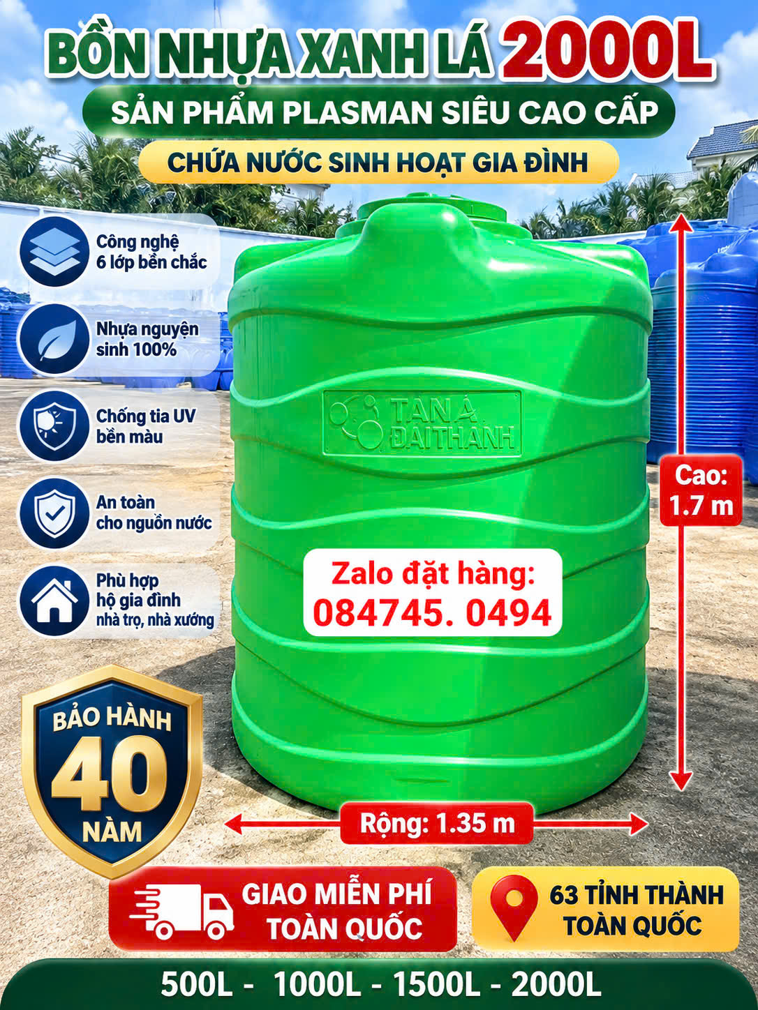 BỒN NHỰA XANH LÁ PLASMAN 2000L ĐỨNG 2 khối nhựa tốt nhất 2000l 2000 lít 2m3 2 khối đứng- tét nhựa tân á đại thành 2 khối xanh lá plasman cao cấp nhất hiện nay