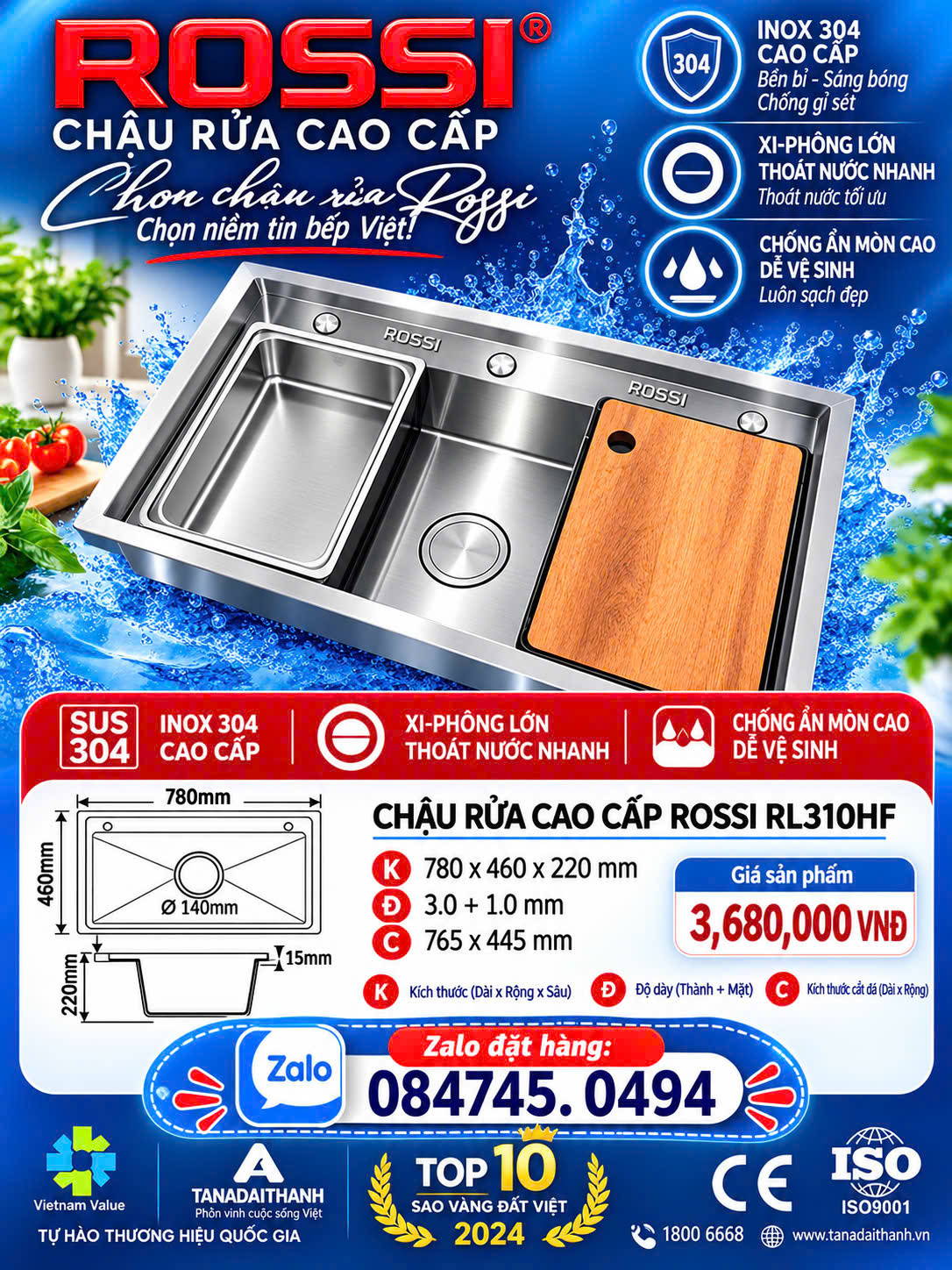 CHẬU RỬA BÁT ROSSI RL310H- Chậu chén cao cấp dày 1 hộc lớn Tân Á Đại Thành- Chậu Rl310HChậu rửa chén bát âm tường tân á đại thành Chậu rửa chén 1 hộc lớn âm tường Rossi Rl310H