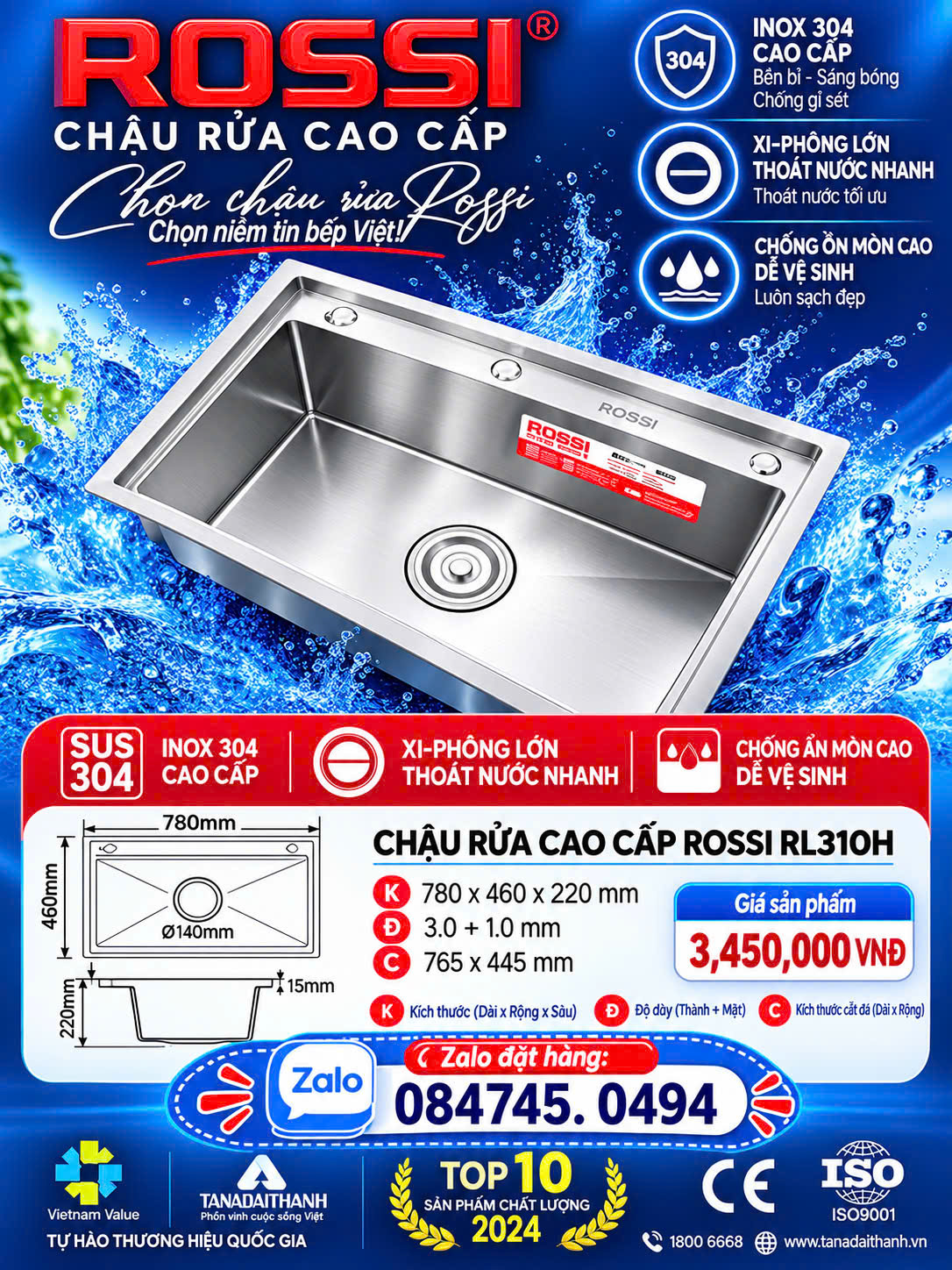 Chậu Rl310H CHẬU RỬA BÁT ROSSI RL310H – SANG TRỌNG, BỀN ĐẸP CHO MỌI GIAN BẾP! Chậu rửa chén bát âm tường tân á đại thành Chậu rửa chén 1 hộc lớn âm tường Rossi Rl310H