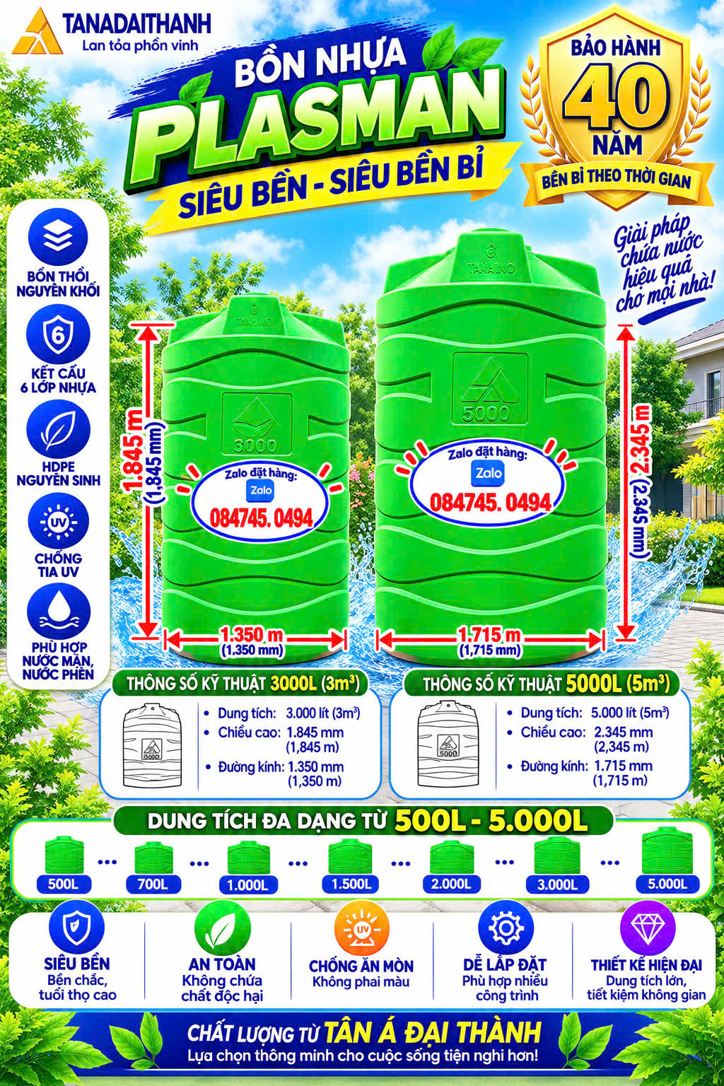 Bồn nước nhựa 3 khối 3000l đứng chứa nước mưa nước giếng khoan sử dụng gia đình giao miễn phí
